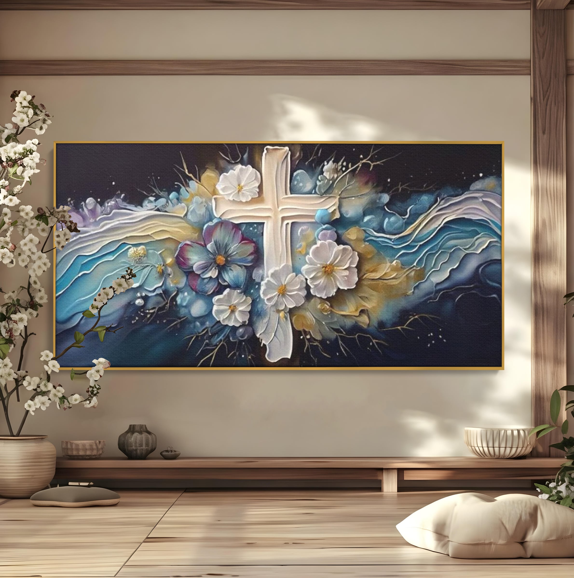 Tablou Canvas Premium LuxCanva® H1027 Credinta Prin Cruce Florala ,  Multicolor, Cruce, Flori, Divin, Liniste, Creatie, Credinta, Naturalete, Living