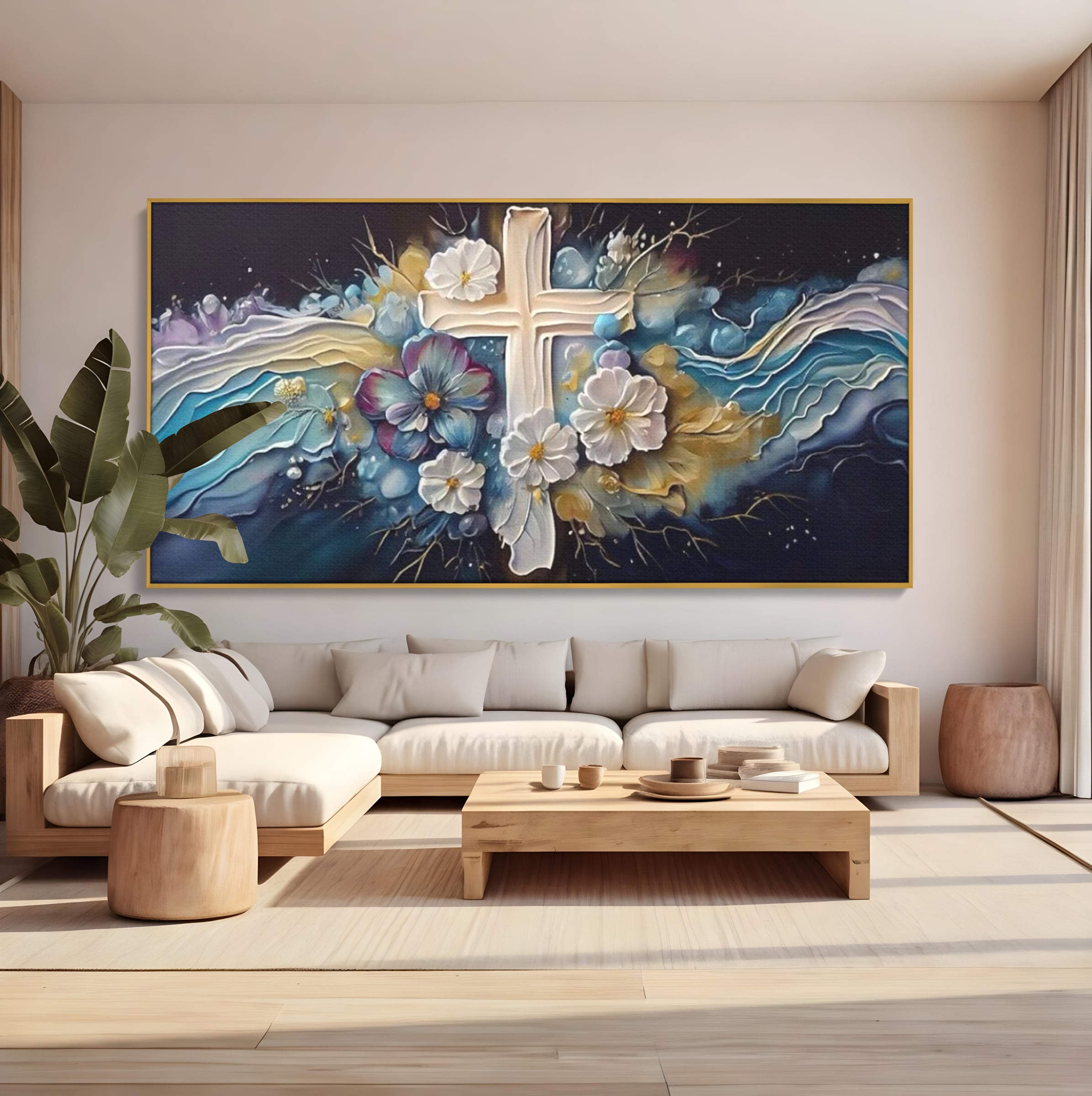 Tablou Canvas Premium LuxCanva® H1027 Credinta Prin Cruce Florala ,  Multicolor, Cruce, Flori, Divin, Liniste, Creatie, Credinta, Naturalete, Living