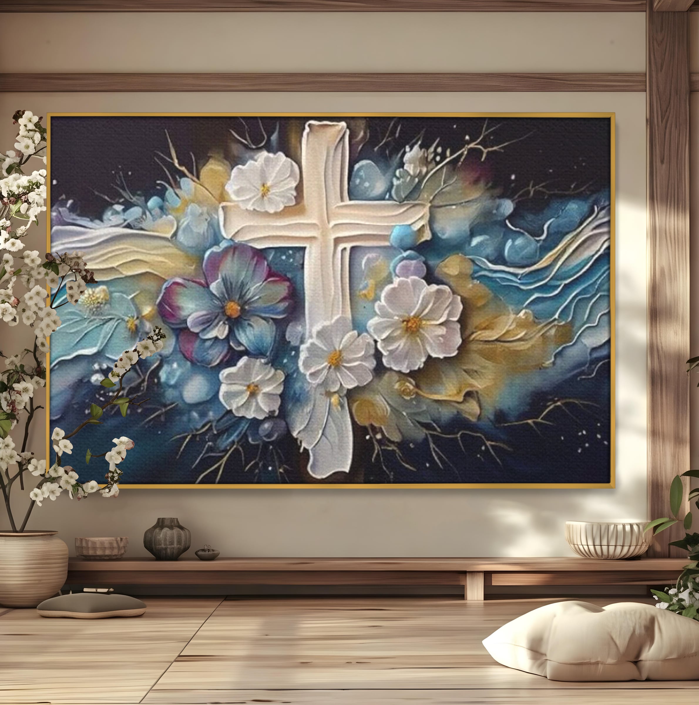 Tablou Canvas Premium LuxCanva® H1027 Credinta Prin Cruce Florala ,  Multicolor, Cruce, Flori, Divin, Liniste, Creatie, Credinta, Naturalete, Living