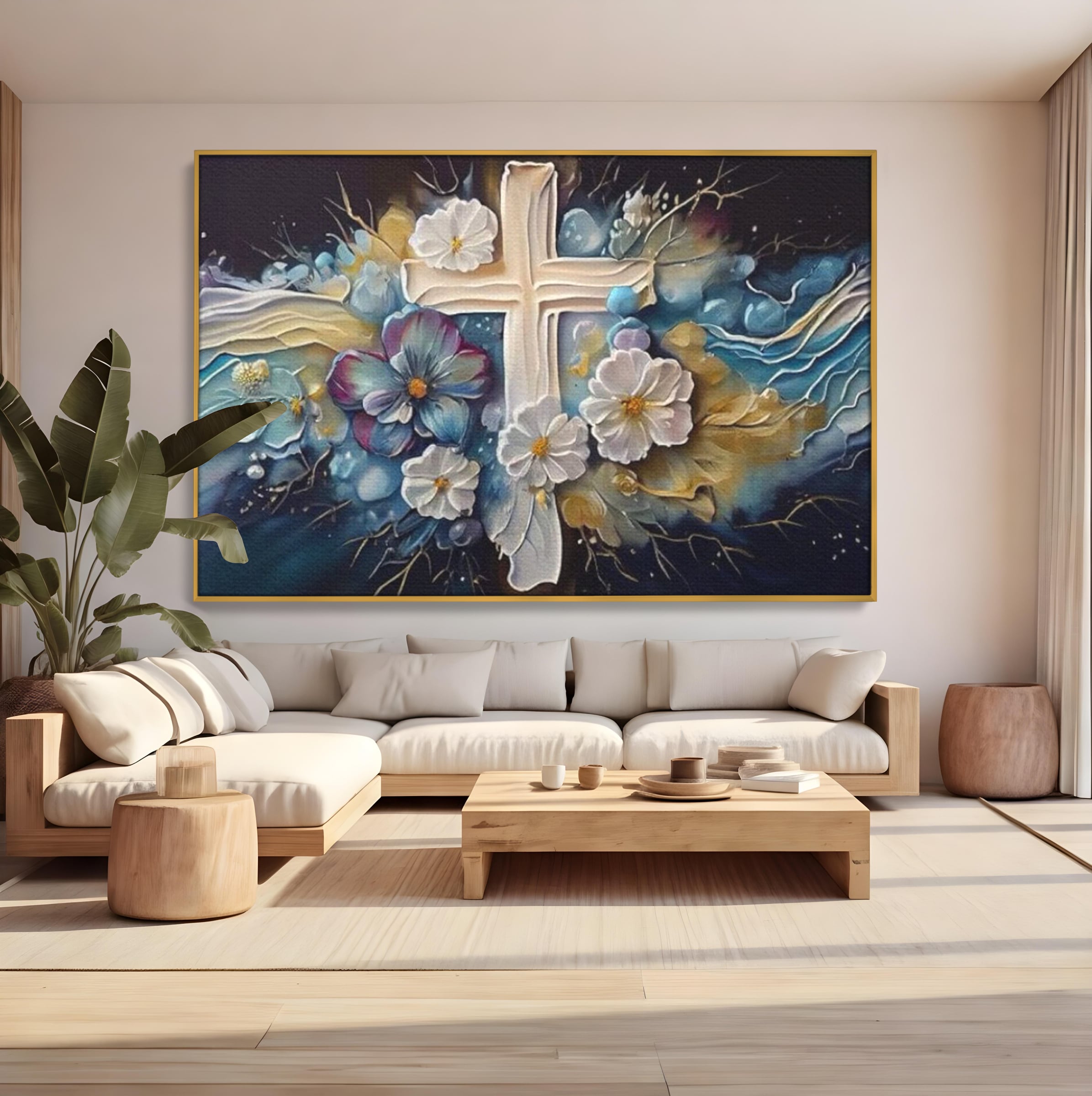 Tablou Canvas Premium LuxCanva® H1027 Credinta Prin Cruce Florala ,  Multicolor, Cruce, Flori, Divin, Liniste, Creatie, Credinta, Naturalete, Living