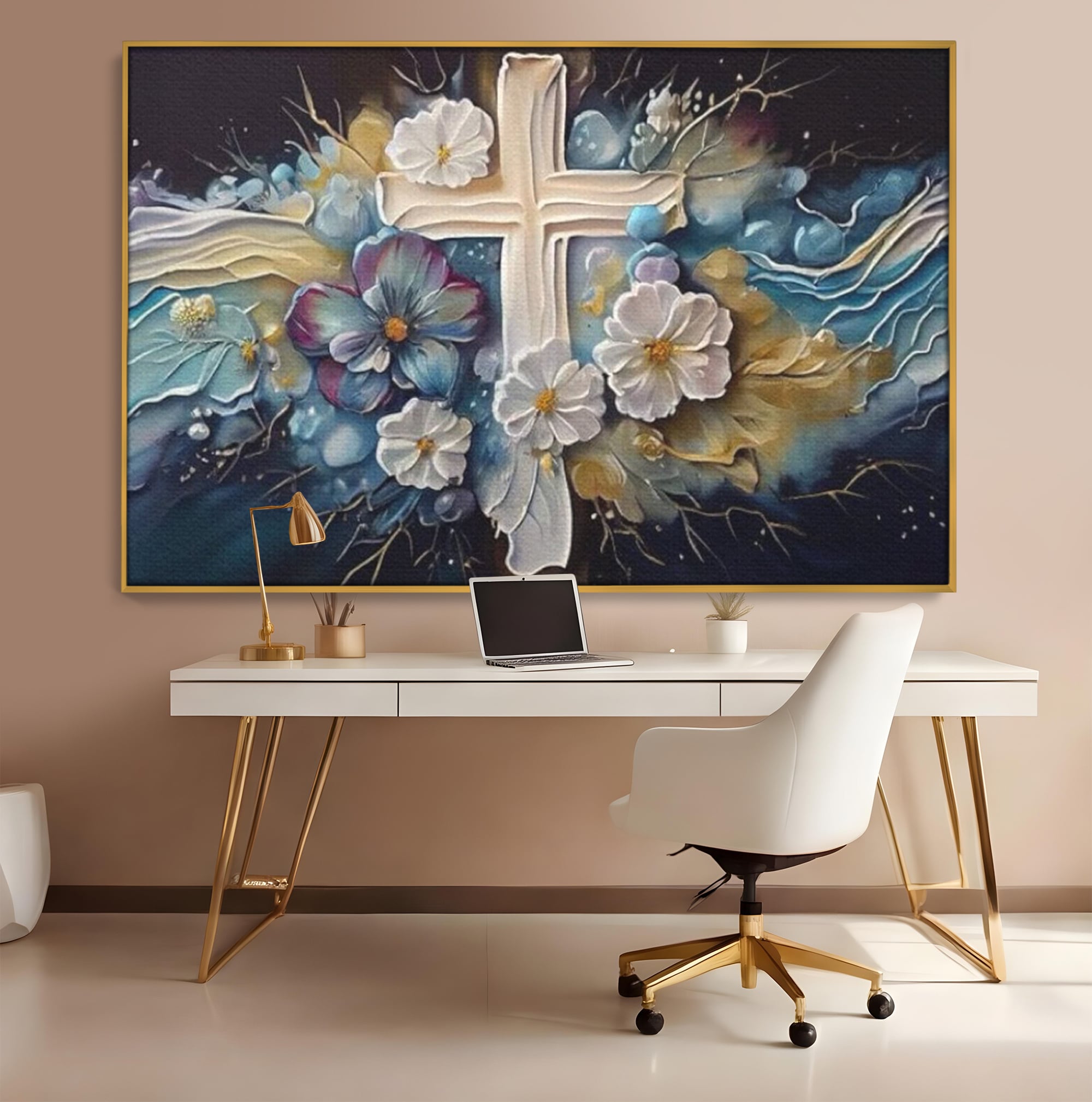Tablou Canvas Premium LuxCanva® H1027 Credinta Prin Cruce Florala ,  Multicolor, Cruce, Flori, Divin, Liniste, Creatie, Credinta, Naturalete, Living