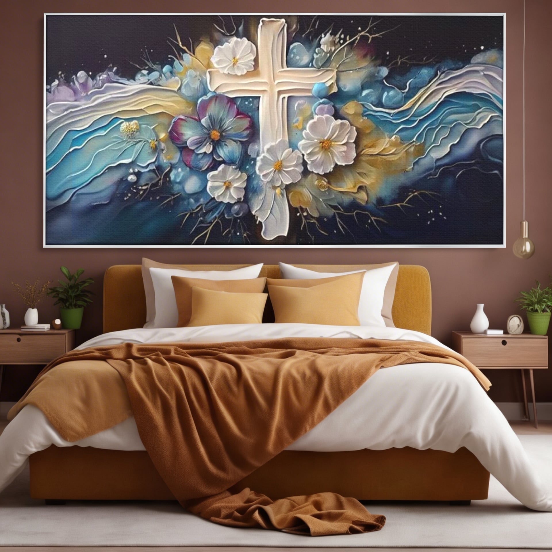 Tablou Canvas Premium LuxCanva® H1027 Credinta Prin Cruce Florala ,  Multicolor, Cruce, Flori, Divin, Liniste, Creatie, Credinta, Naturalete, Living