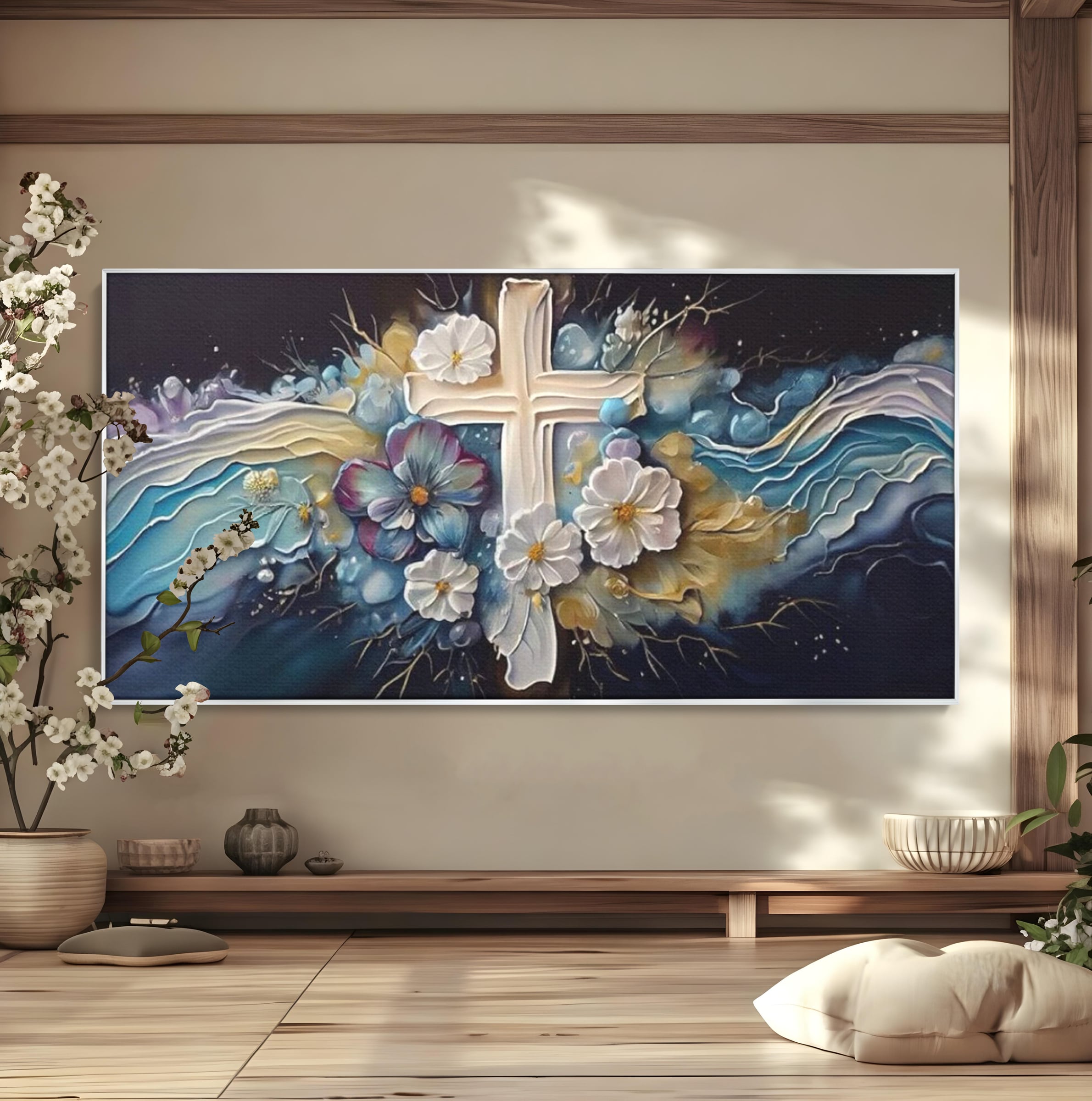 Tablou Canvas Premium LuxCanva® H1027 Credinta Prin Cruce Florala ,  Multicolor, Cruce, Flori, Divin, Liniste, Creatie, Credinta, Naturalete, Living