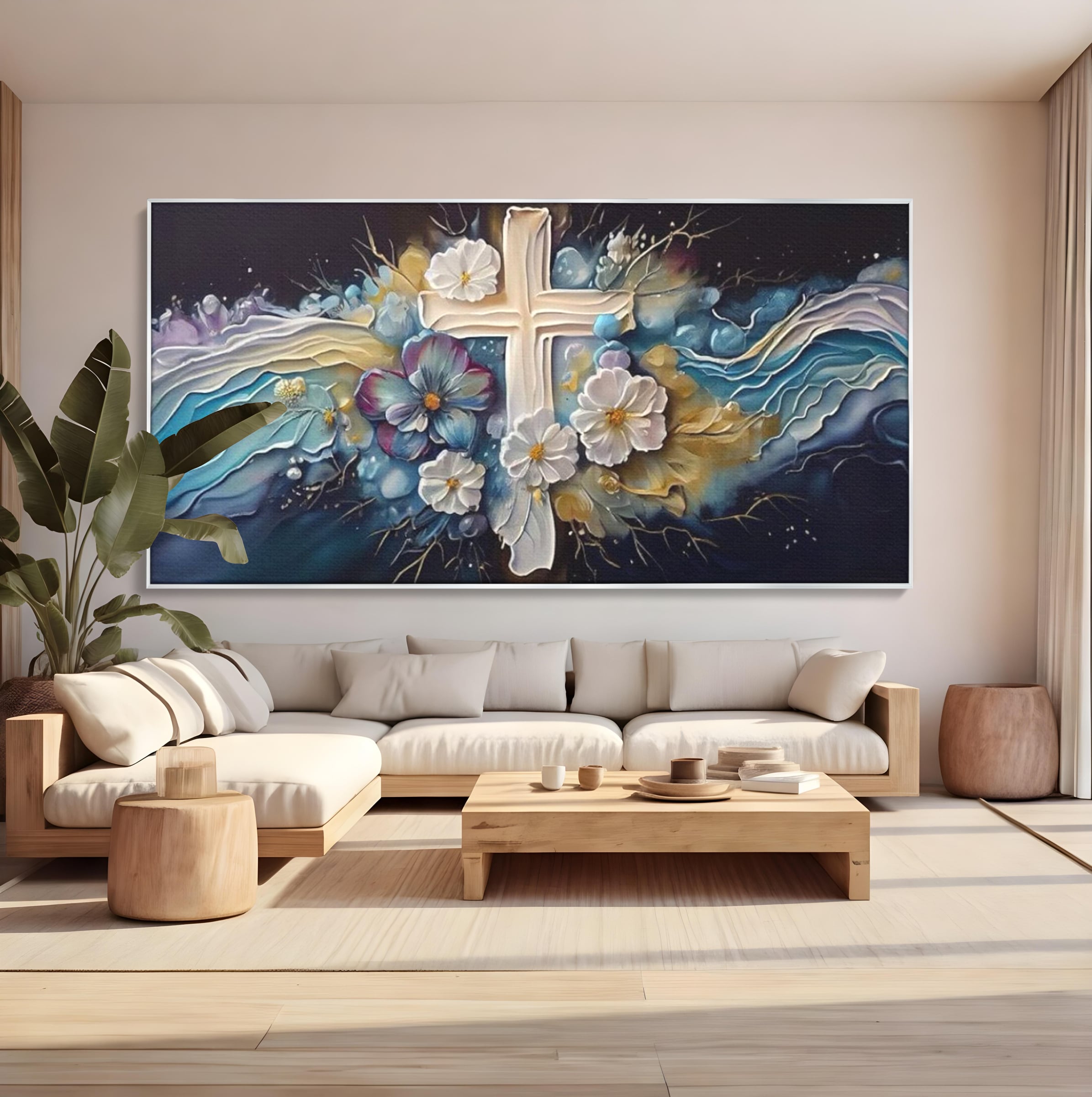 Tablou Canvas Premium LuxCanva® H1027 Credinta Prin Cruce Florala ,  Multicolor, Cruce, Flori, Divin, Liniste, Creatie, Credinta, Naturalete, Living