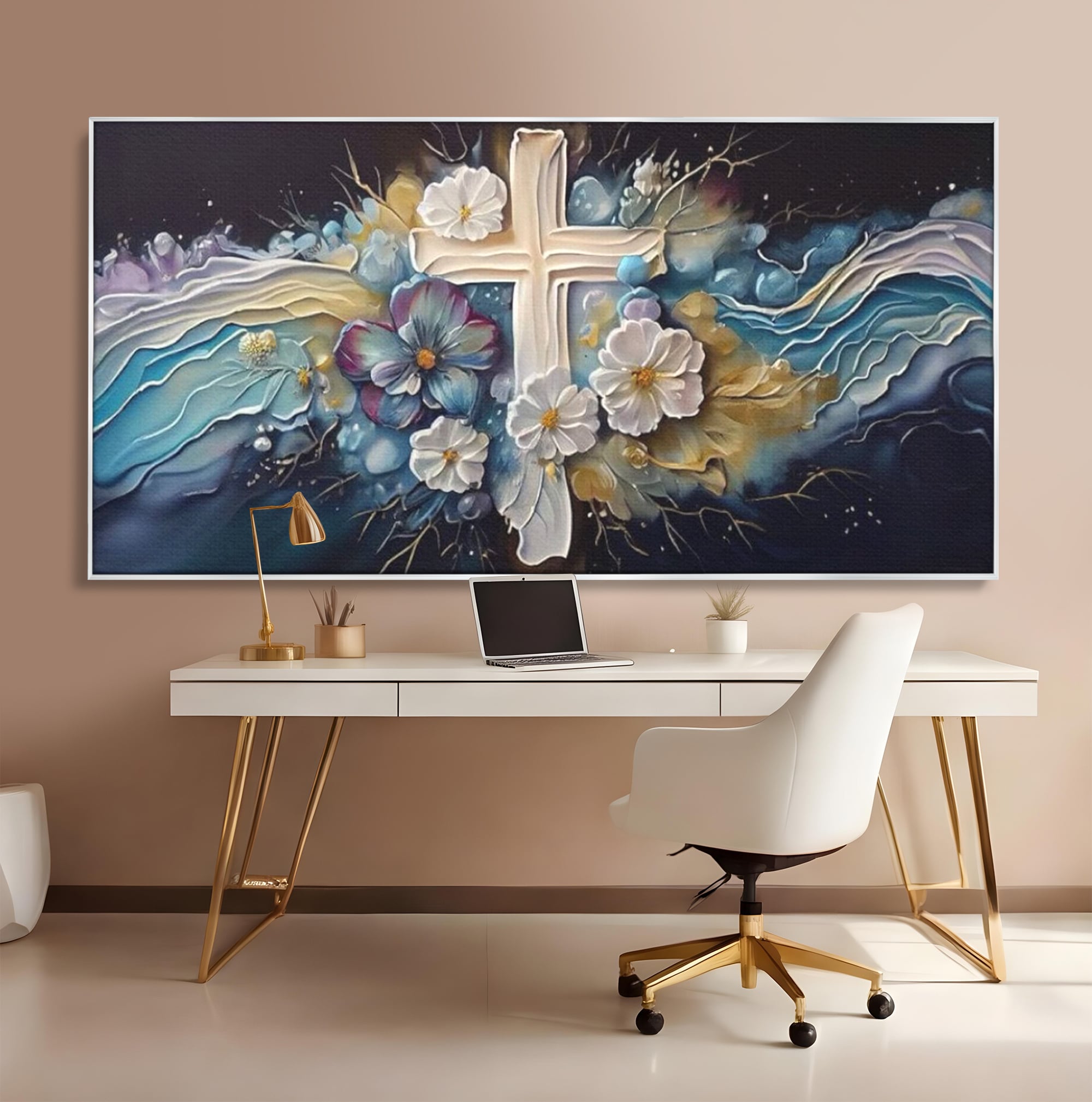 Tablou Canvas Premium LuxCanva® H1027 Credinta Prin Cruce Florala ,  Multicolor, Cruce, Flori, Divin, Liniste, Creatie, Credinta, Naturalete, Living