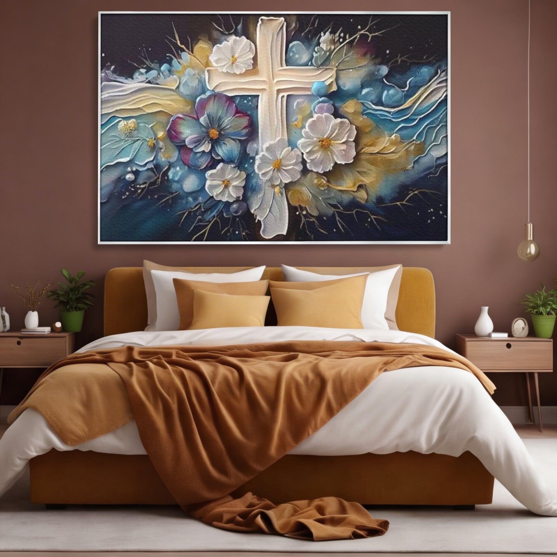 Tablou Canvas Premium LuxCanva® H1027 Credinta Prin Cruce Florala ,  Multicolor, Cruce, Flori, Divin, Liniste, Creatie, Credinta, Naturalete, Living