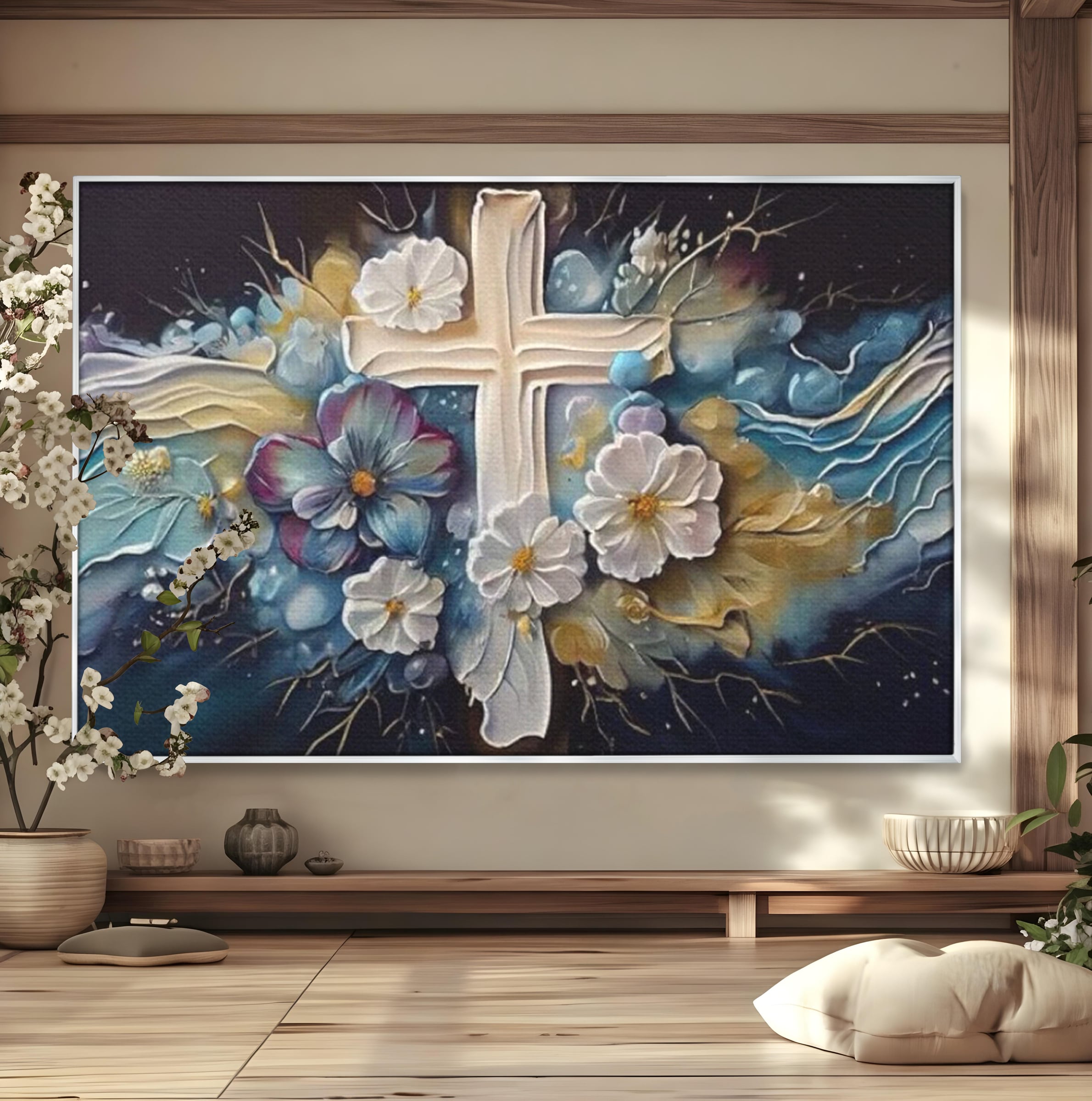 Tablou Canvas Premium LuxCanva® H1027 Credinta Prin Cruce Florala ,  Multicolor, Cruce, Flori, Divin, Liniste, Creatie, Credinta, Naturalete, Living