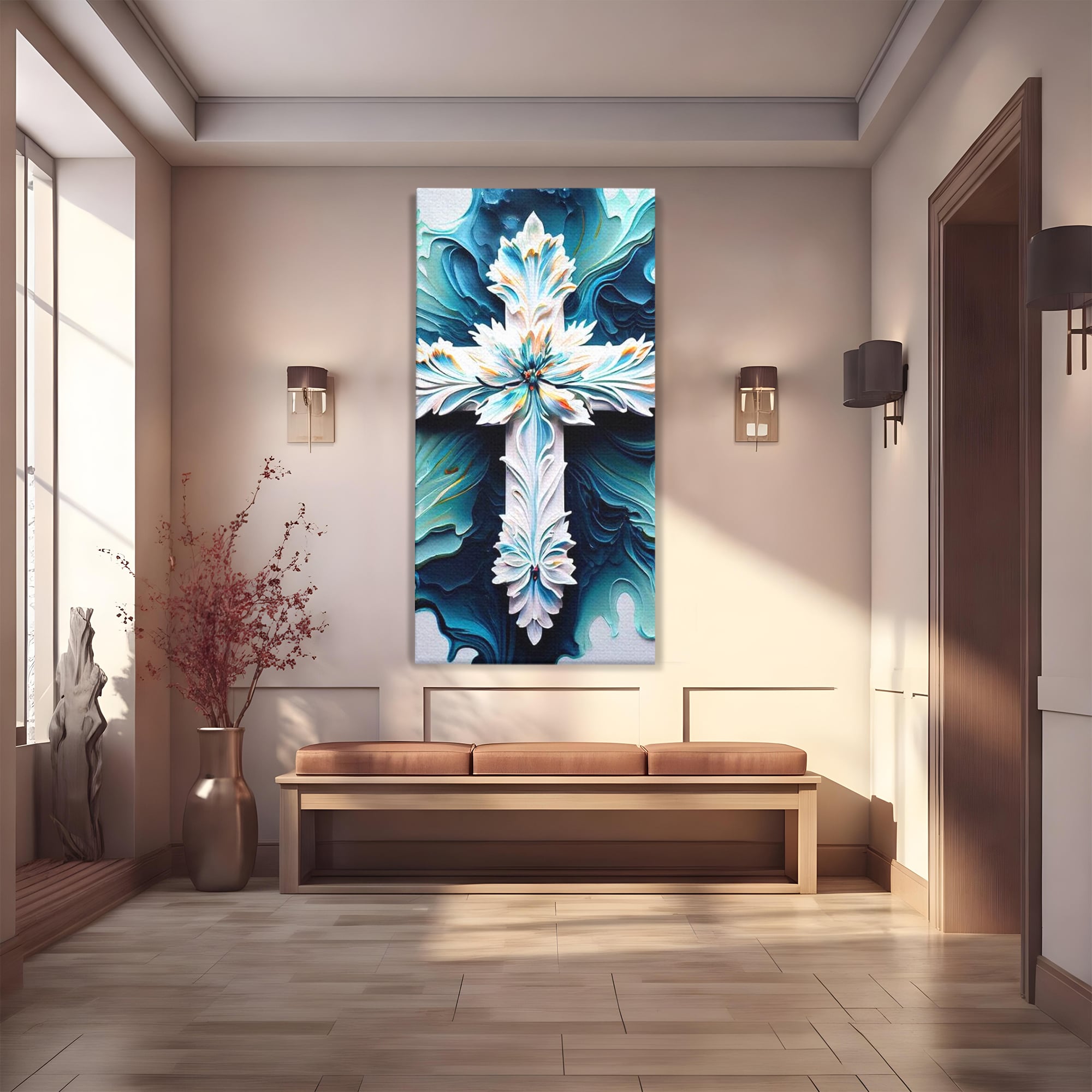 Tablou Canvas Premium LuxCanva® H1028 Puterea Crucii din Flori , Maiestrie, Arta, Cruce, Flori, Credinta, Inspiratie, Pace, Suflet, Armonie, Living