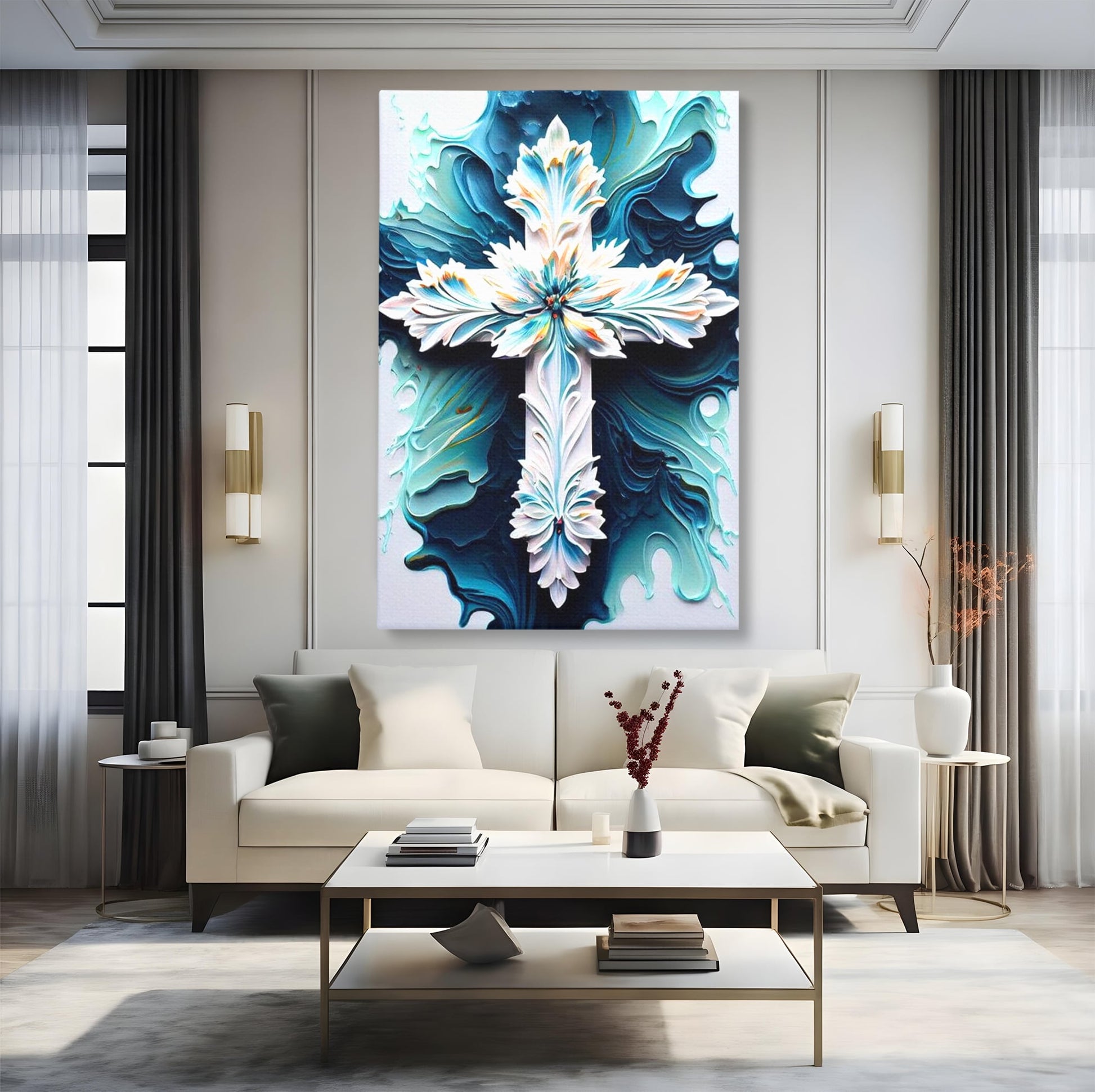 Tablou Canvas Premium LuxCanva® H1028 Puterea Crucii din Flori , Maiestrie, Arta, Cruce, Flori, Credinta, Inspiratie, Pace, Suflet, Armonie, Living
