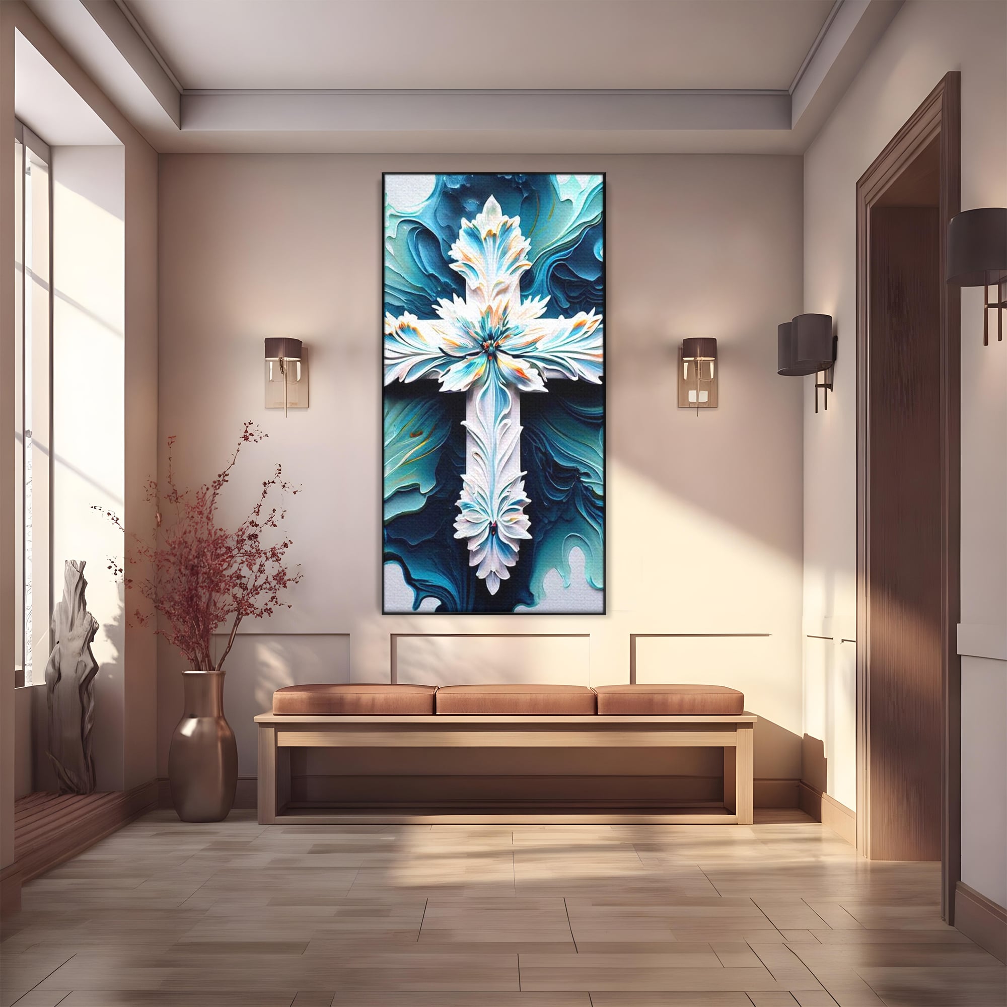 Tablou Canvas Premium LuxCanva® H1028 Puterea Crucii din Flori , Maiestrie, Arta, Cruce, Flori, Credinta, Inspiratie, Pace, Suflet, Armonie, Living