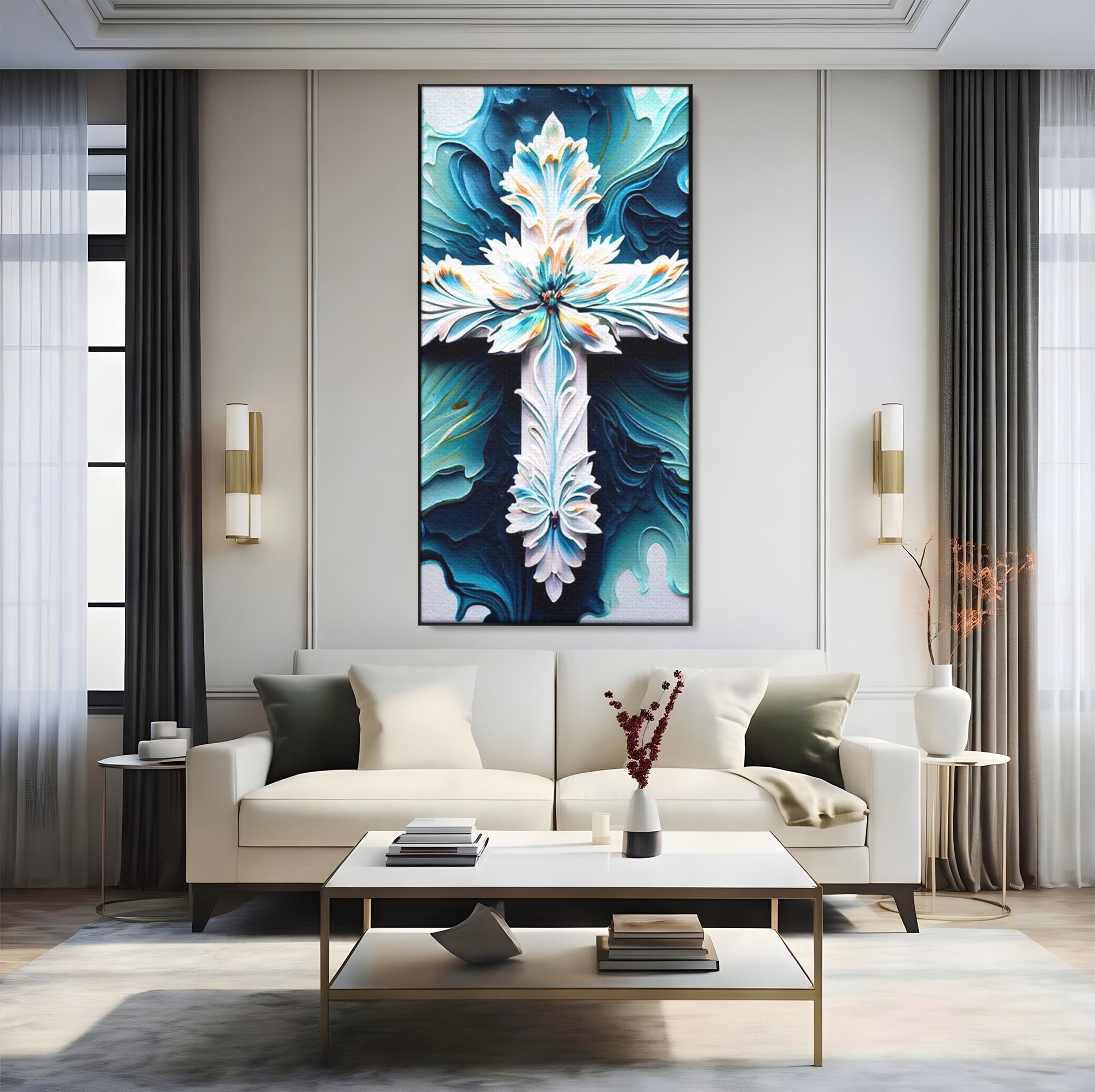 Tablou Canvas Premium LuxCanva® H1028 Puterea Crucii din Flori , Maiestrie, Arta, Cruce, Flori, Credinta, Inspiratie, Pace, Suflet, Armonie, Living