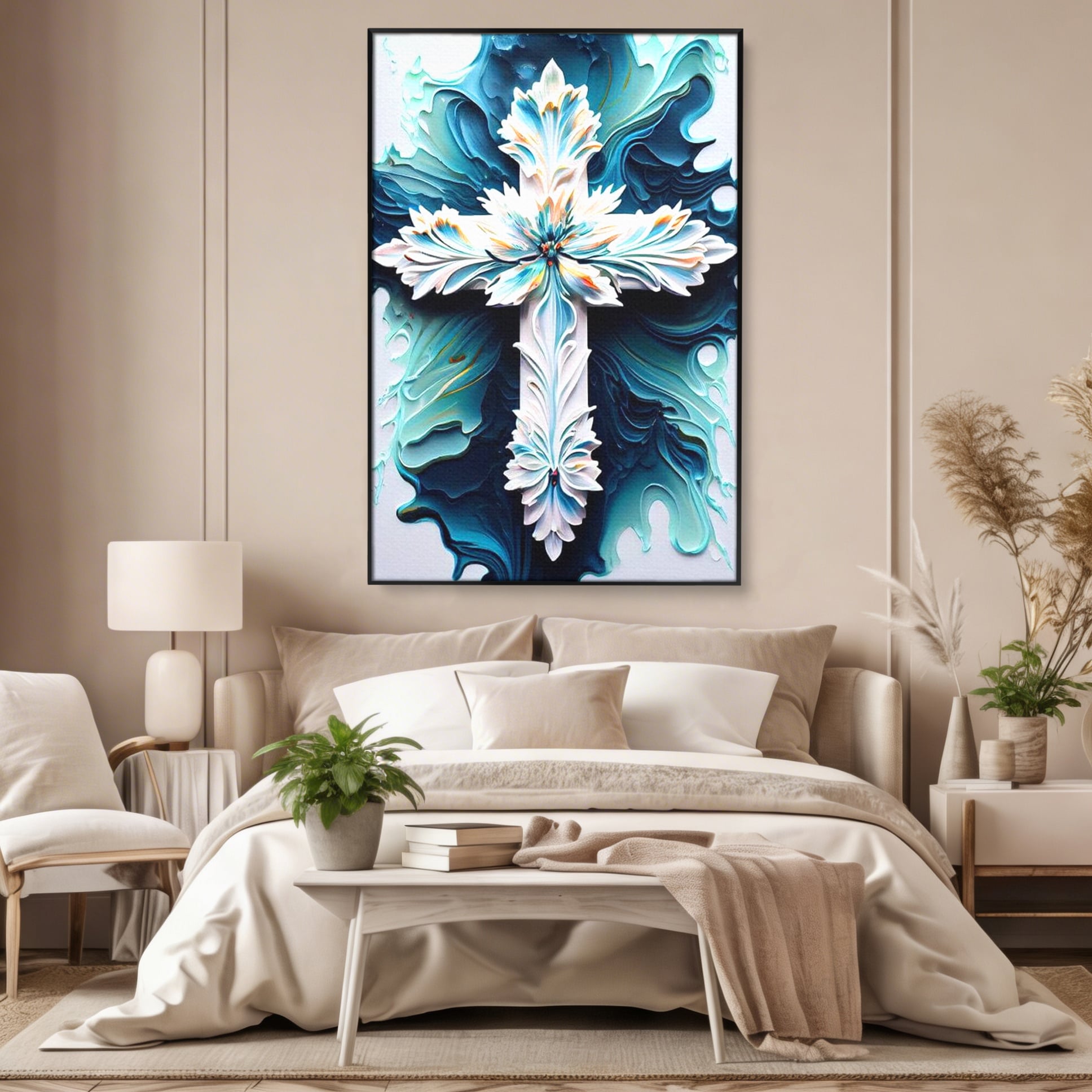 Tablou Canvas Premium LuxCanva® H1028 Puterea Crucii din Flori , Maiestrie, Arta, Cruce, Flori, Credinta, Inspiratie, Pace, Suflet, Armonie, Living