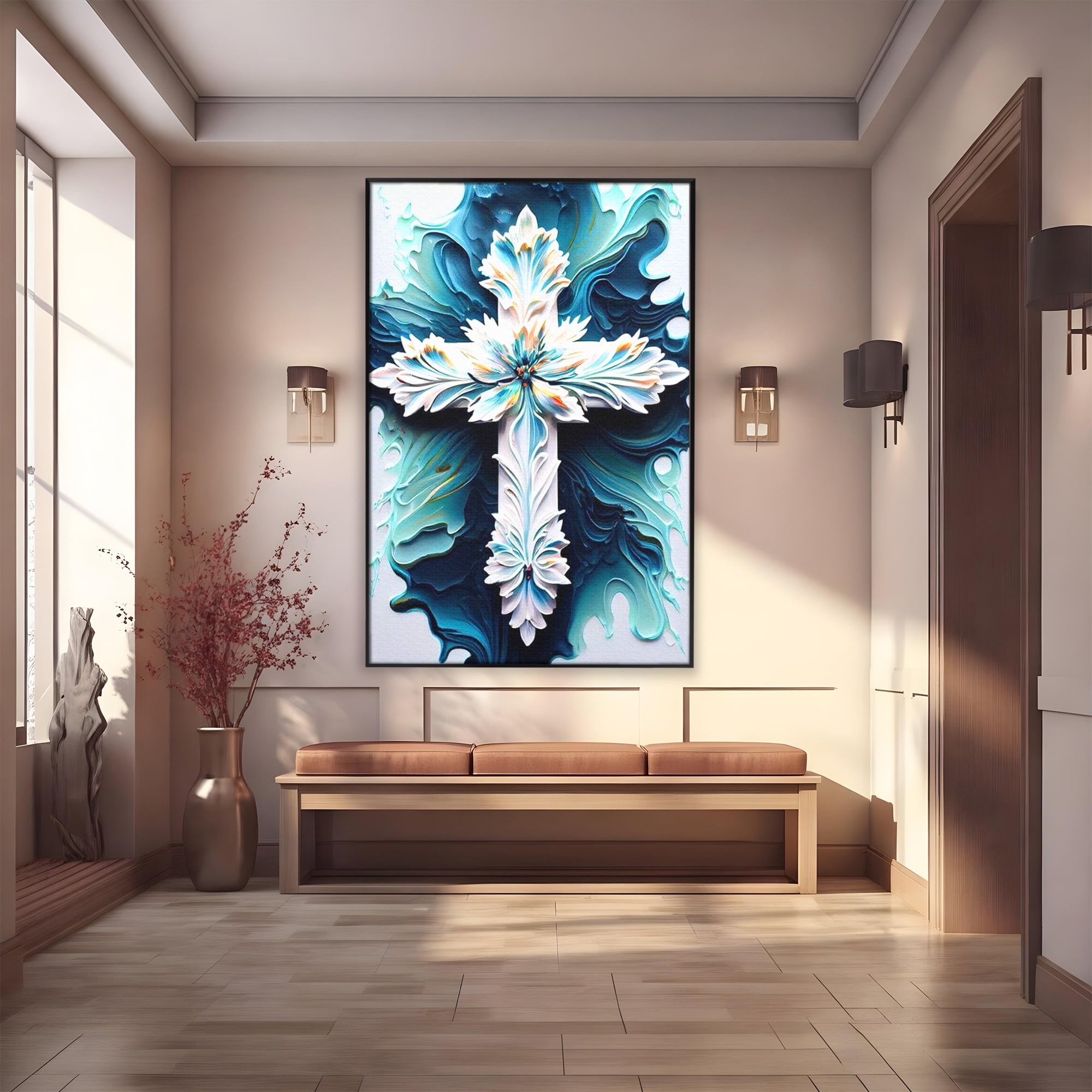 Tablou Canvas Premium LuxCanva® H1028 Puterea Crucii din Flori , Maiestrie, Arta, Cruce, Flori, Credinta, Inspiratie, Pace, Suflet, Armonie, Living