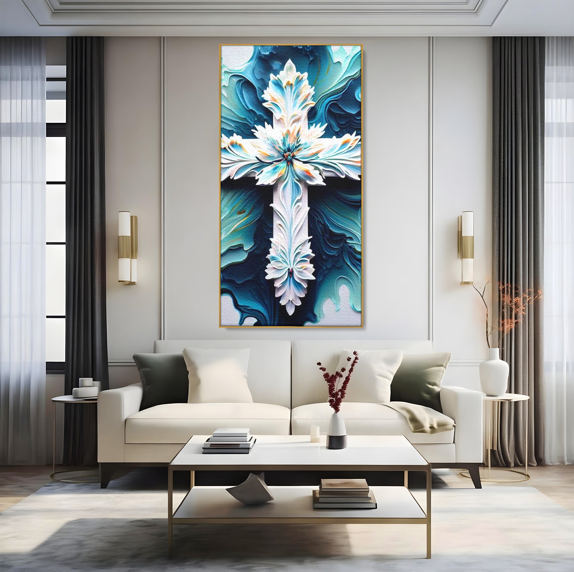 Tablou Canvas Premium LuxCanva® H1028 Puterea Crucii din Flori , Maiestrie, Arta, Cruce, Flori, Credinta, Inspiratie, Pace, Suflet, Armonie, Living
