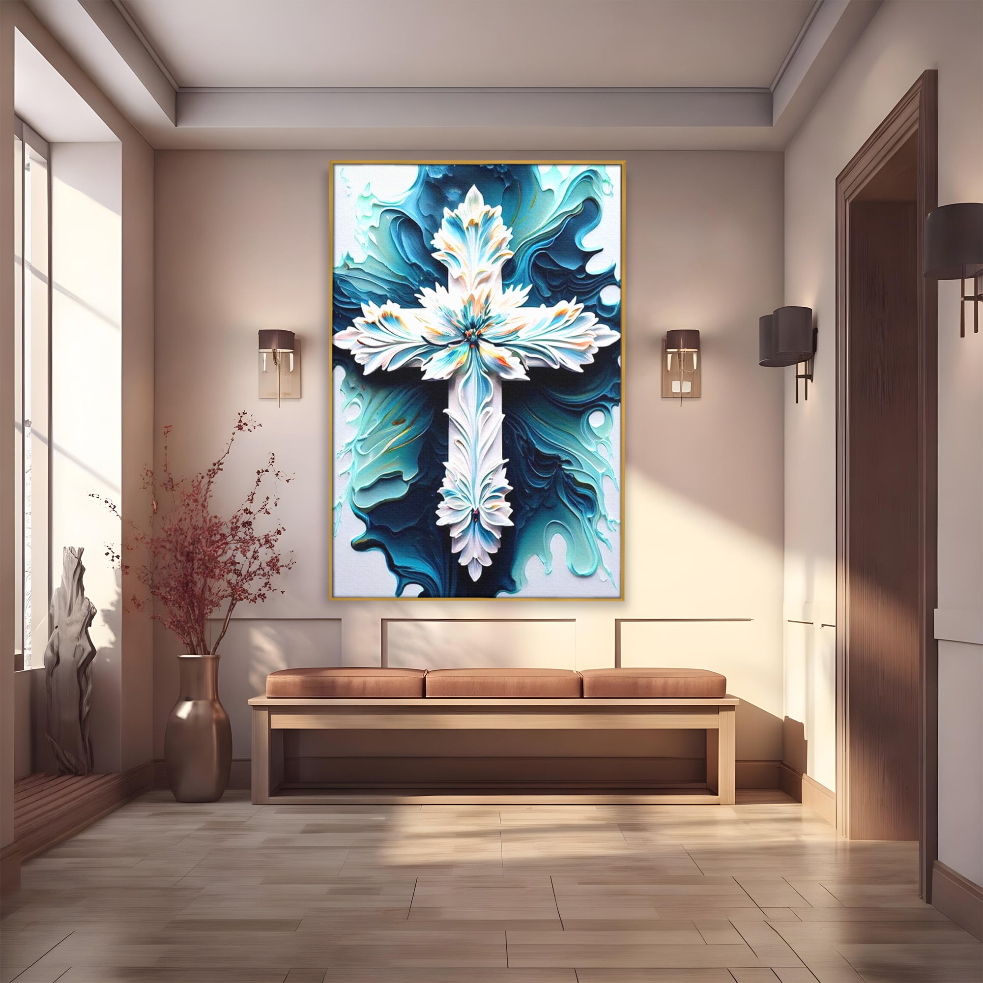 Tablou Canvas Premium LuxCanva® H1028 Puterea Crucii din Flori , Maiestrie, Arta, Cruce, Flori, Credinta, Inspiratie, Pace, Suflet, Armonie, Living