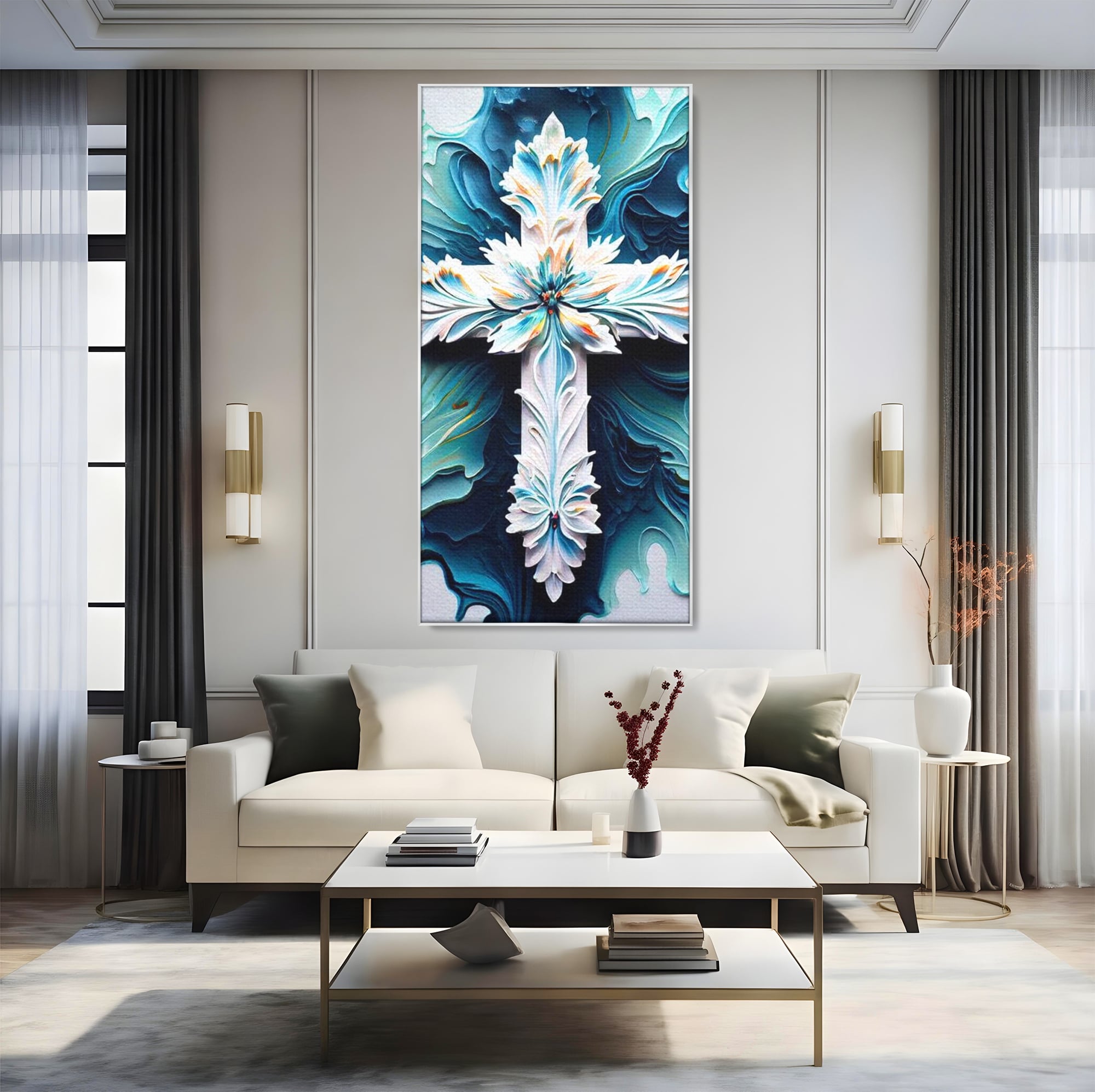 Tablou Canvas Premium LuxCanva® H1028 Puterea Crucii din Flori , Maiestrie, Arta, Cruce, Flori, Credinta, Inspiratie, Pace, Suflet, Armonie, Living