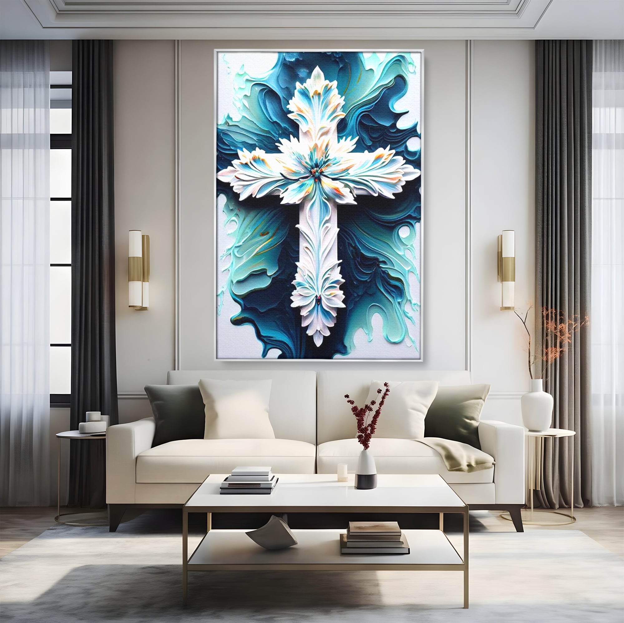 Tablou Canvas Premium LuxCanva® H1028 Puterea Crucii din Flori , Maiestrie, Arta, Cruce, Flori, Credinta, Inspiratie, Pace, Suflet, Armonie, Living