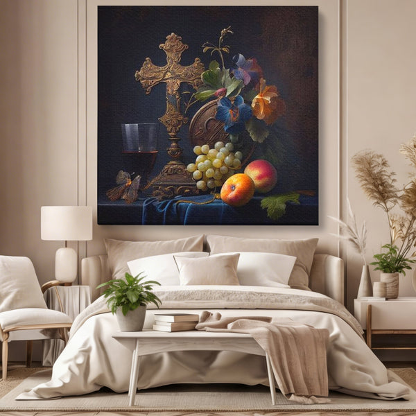 Tablou Canvas Premium LuxCanva® H1030 Natura Statica Sacra , Simboluri, Cruce, Rod, Pamant, Fructe, Vin, Sacru, Lumina, Umbra, Living, Dormitor
