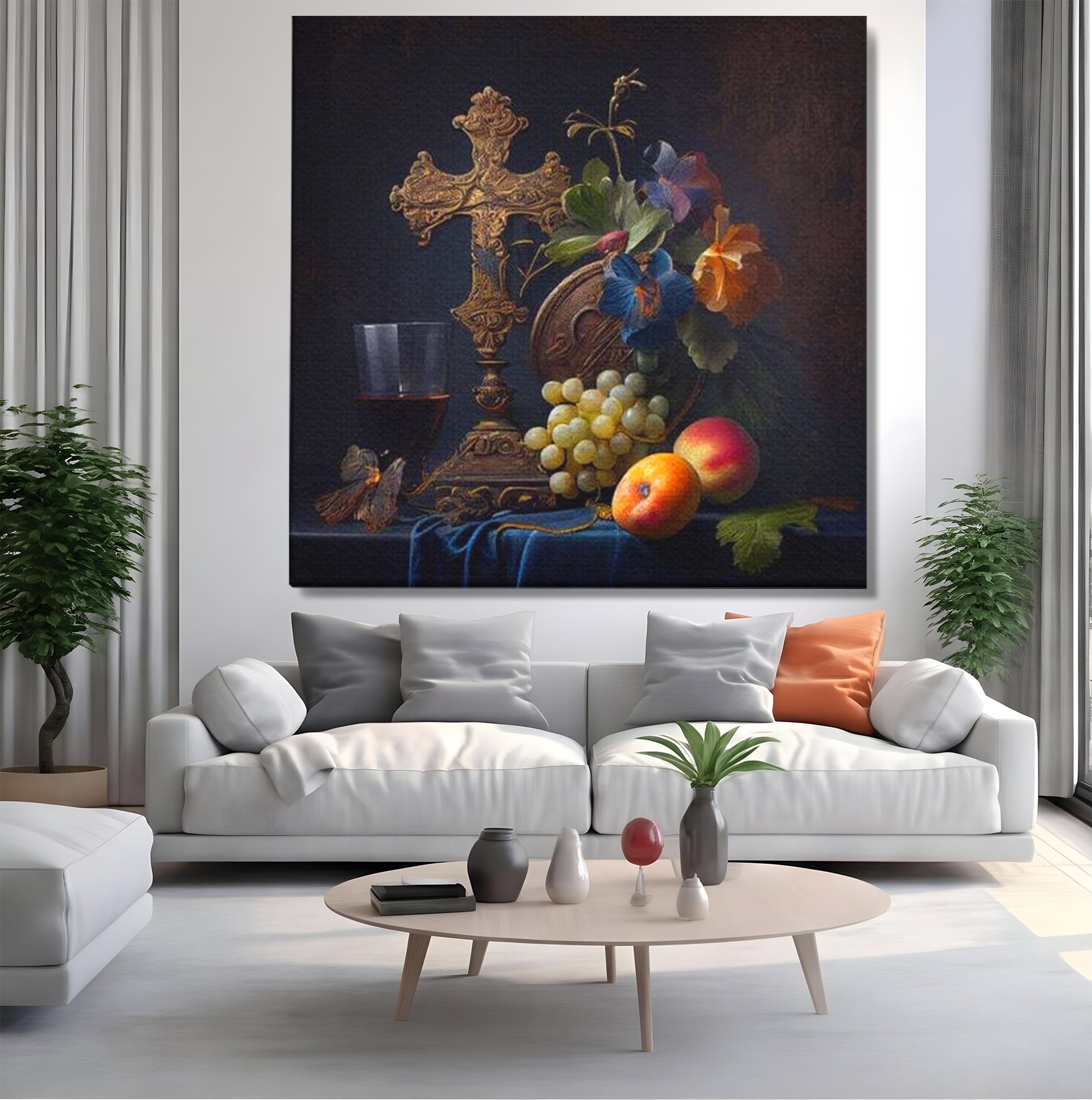 Tablou Canvas Premium LuxCanva® H1030 Natura Statica Sacra , Simboluri, Cruce, Rod, Pamant, Fructe, Vin, Sacru, Lumina, Umbra, Living, Dormitor