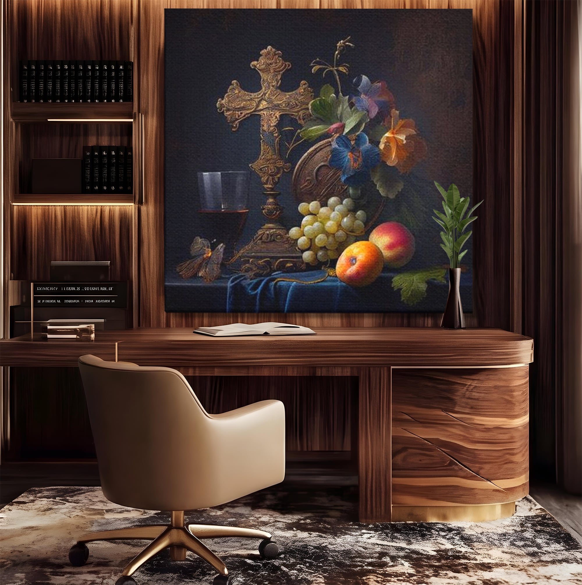 Tablou Canvas Premium LuxCanva® H1030 Natura Statica Sacra , Simboluri, Cruce, Rod, Pamant, Fructe, Vin, Sacru, Lumina, Umbra, Living, Dormitor
