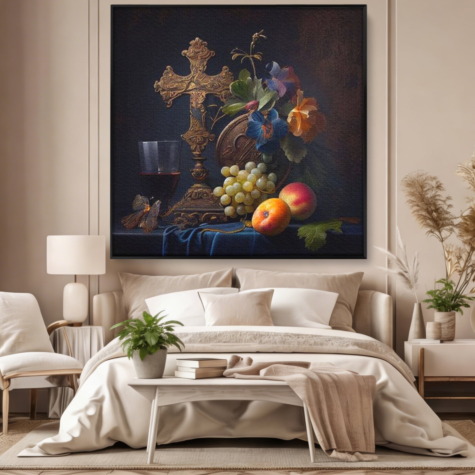 Tablou Canvas Premium LuxCanva® H1030 Natura Statica Sacra , Simboluri, Cruce, Rod, Pamant, Fructe, Vin, Sacru, Lumina, Umbra, Living, Dormitor