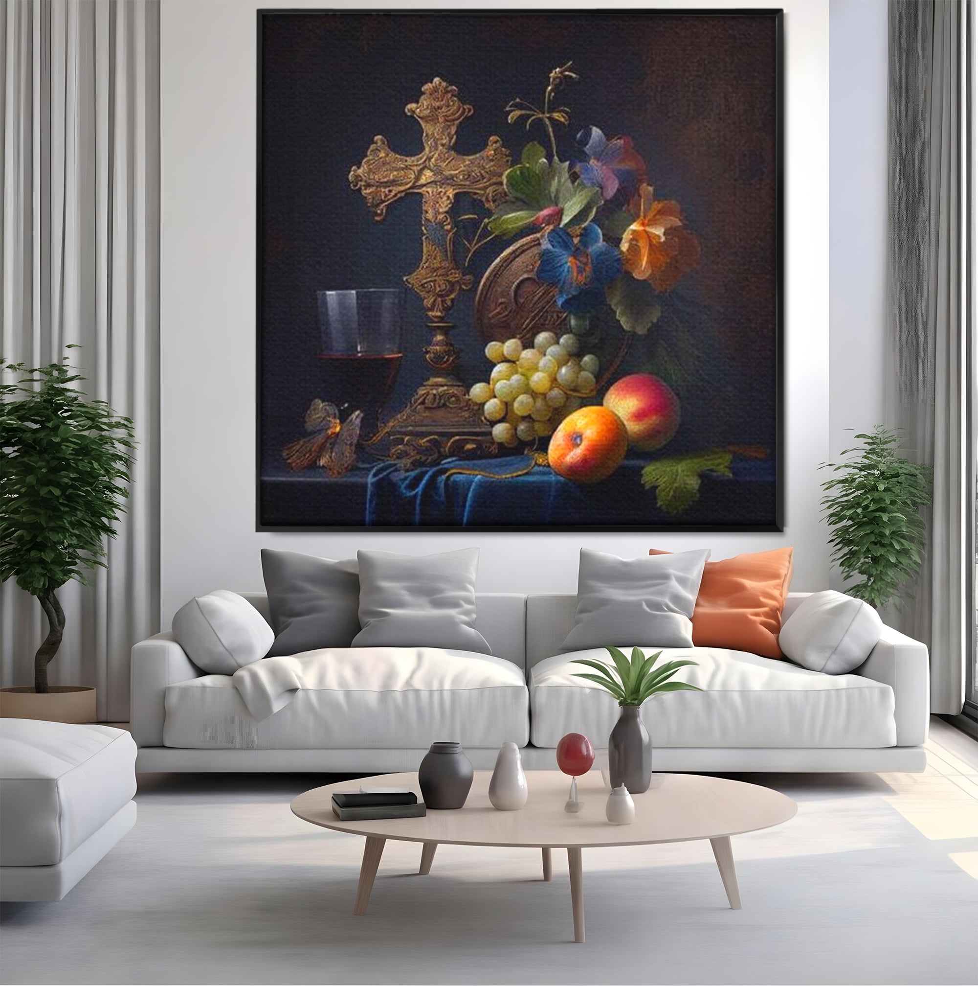 Tablou Canvas Premium LuxCanva® H1030 Natura Statica Sacra , Simboluri, Cruce, Rod, Pamant, Fructe, Vin, Sacru, Lumina, Umbra, Living, Dormitor