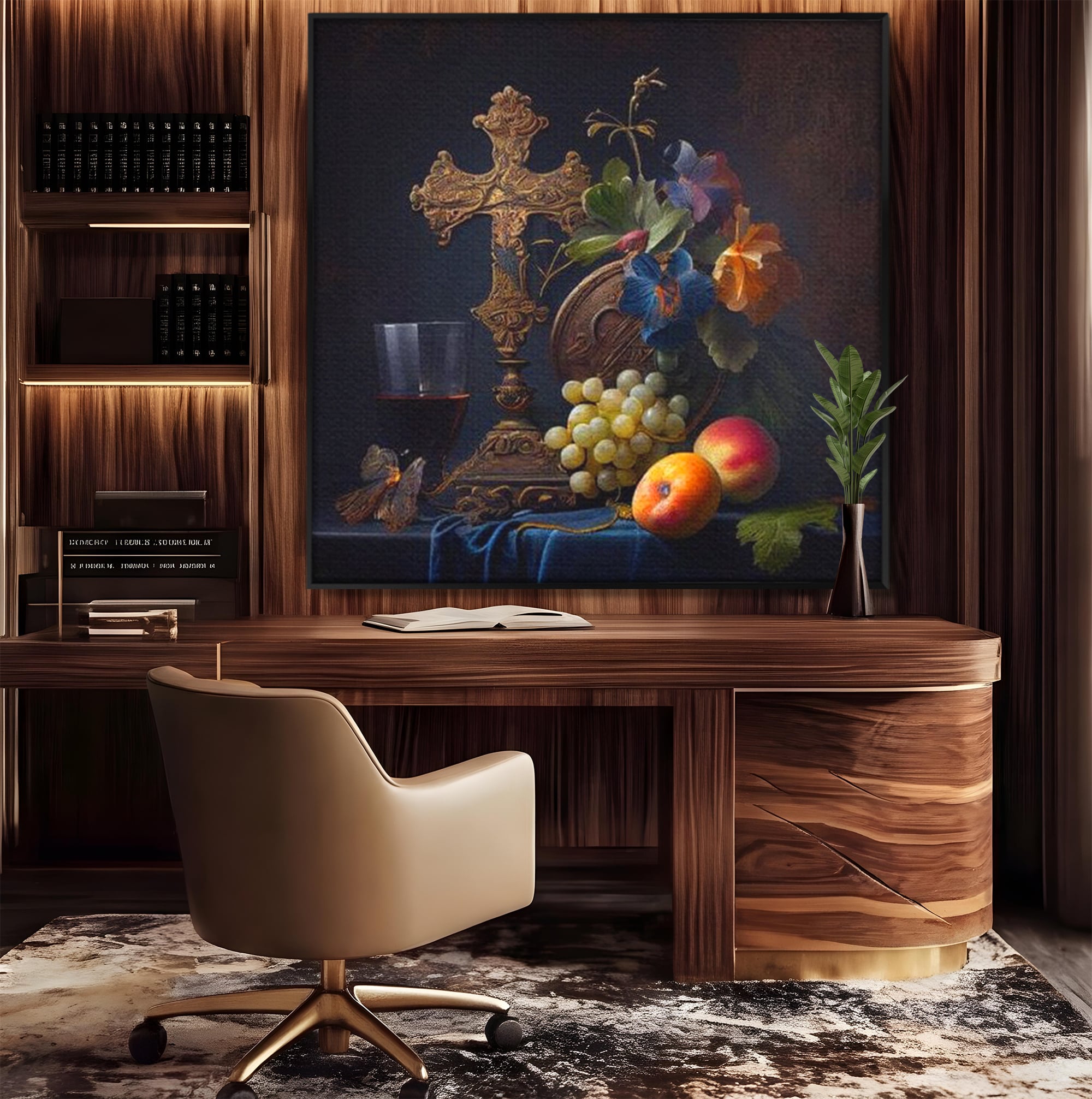 Tablou Canvas Premium LuxCanva® H1030 Natura Statica Sacra , Simboluri, Cruce, Rod, Pamant, Fructe, Vin, Sacru, Lumina, Umbra, Living, Dormitor