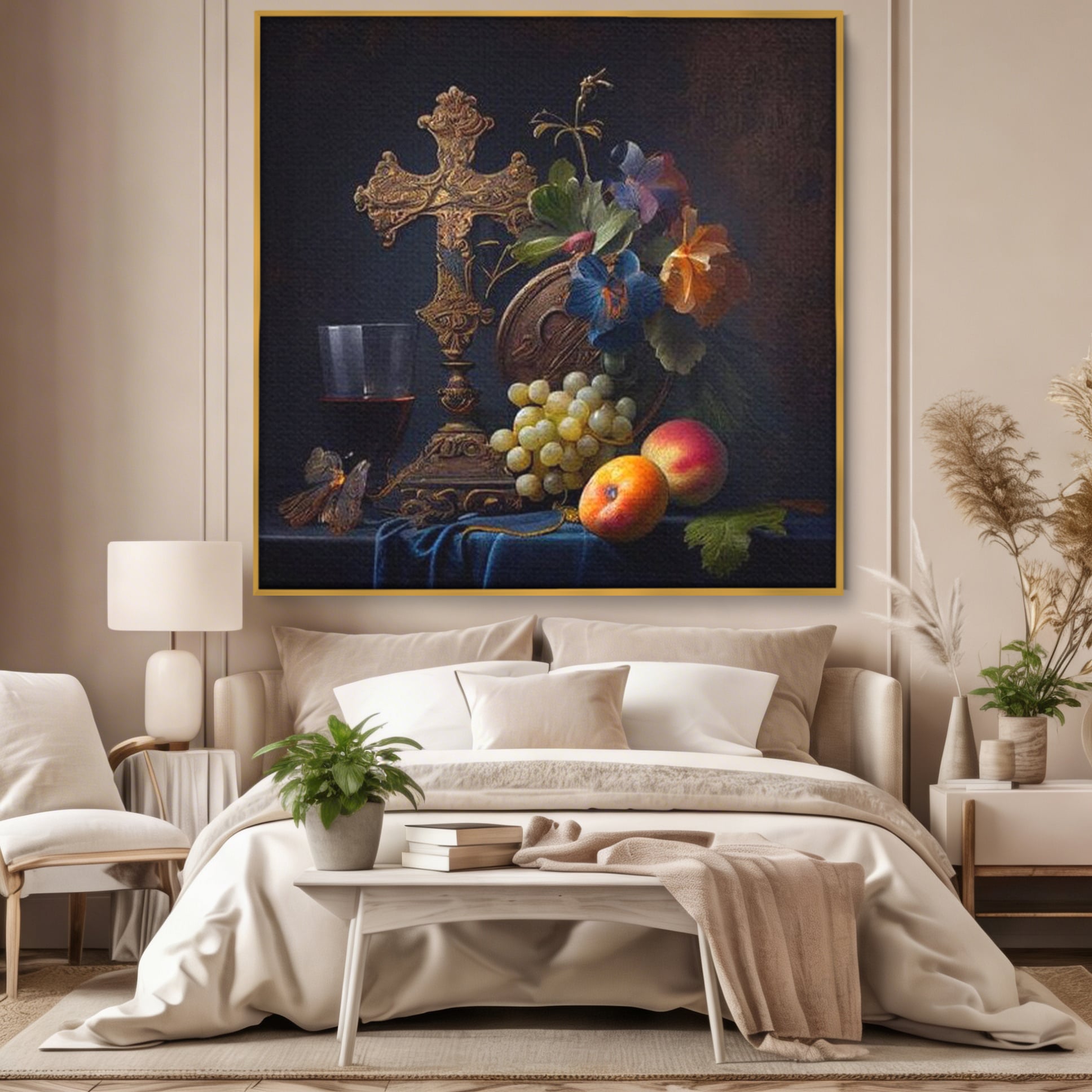 Tablou Canvas Premium LuxCanva® H1030 Natura Statica Sacra , Simboluri, Cruce, Rod, Pamant, Fructe, Vin, Sacru, Lumina, Umbra, Living, Dormitor