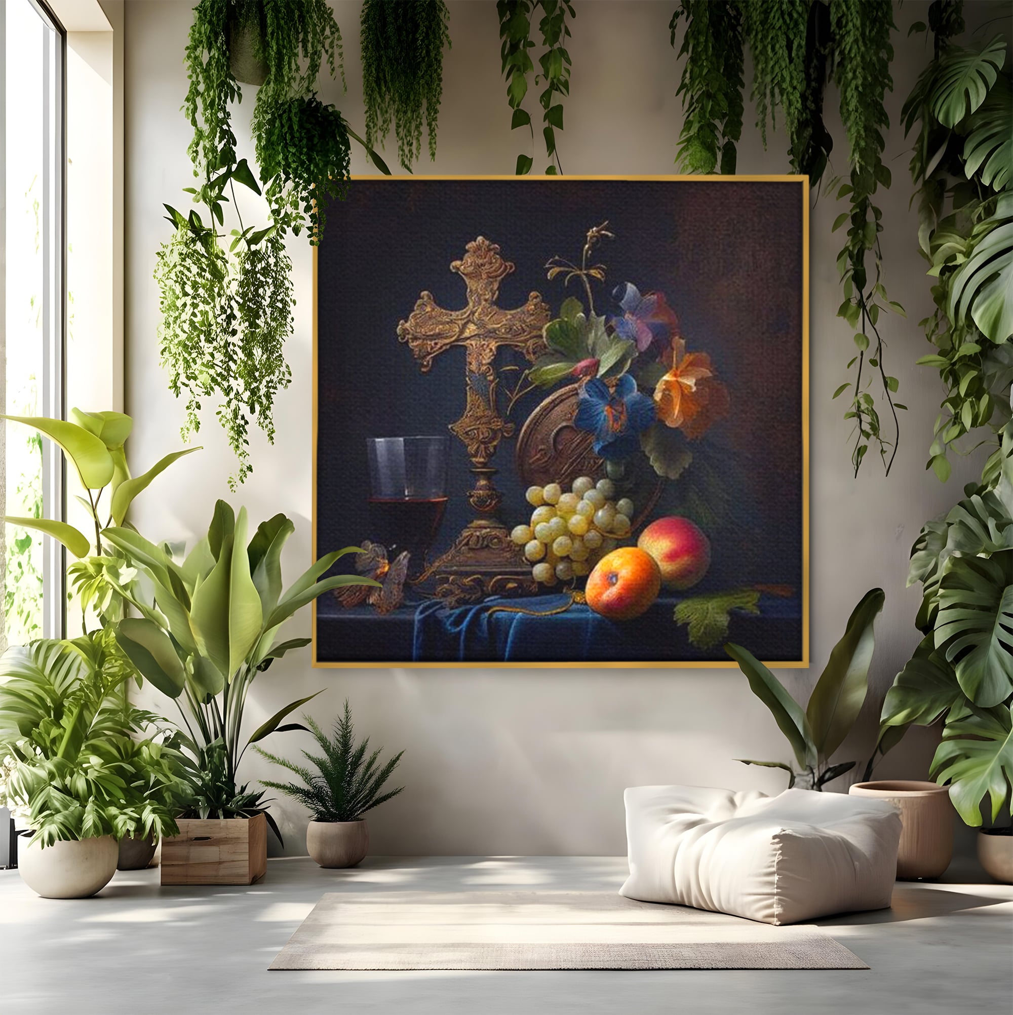 Tablou Canvas Premium LuxCanva® H1030 Natura Statica Sacra , Simboluri, Cruce, Rod, Pamant, Fructe, Vin, Sacru, Lumina, Umbra, Living, Dormitor