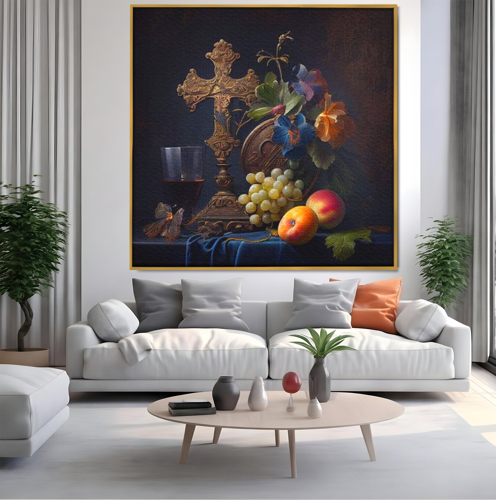Tablou Canvas Premium LuxCanva® H1030 Natura Statica Sacra , Simboluri, Cruce, Rod, Pamant, Fructe, Vin, Sacru, Lumina, Umbra, Living, Dormitor