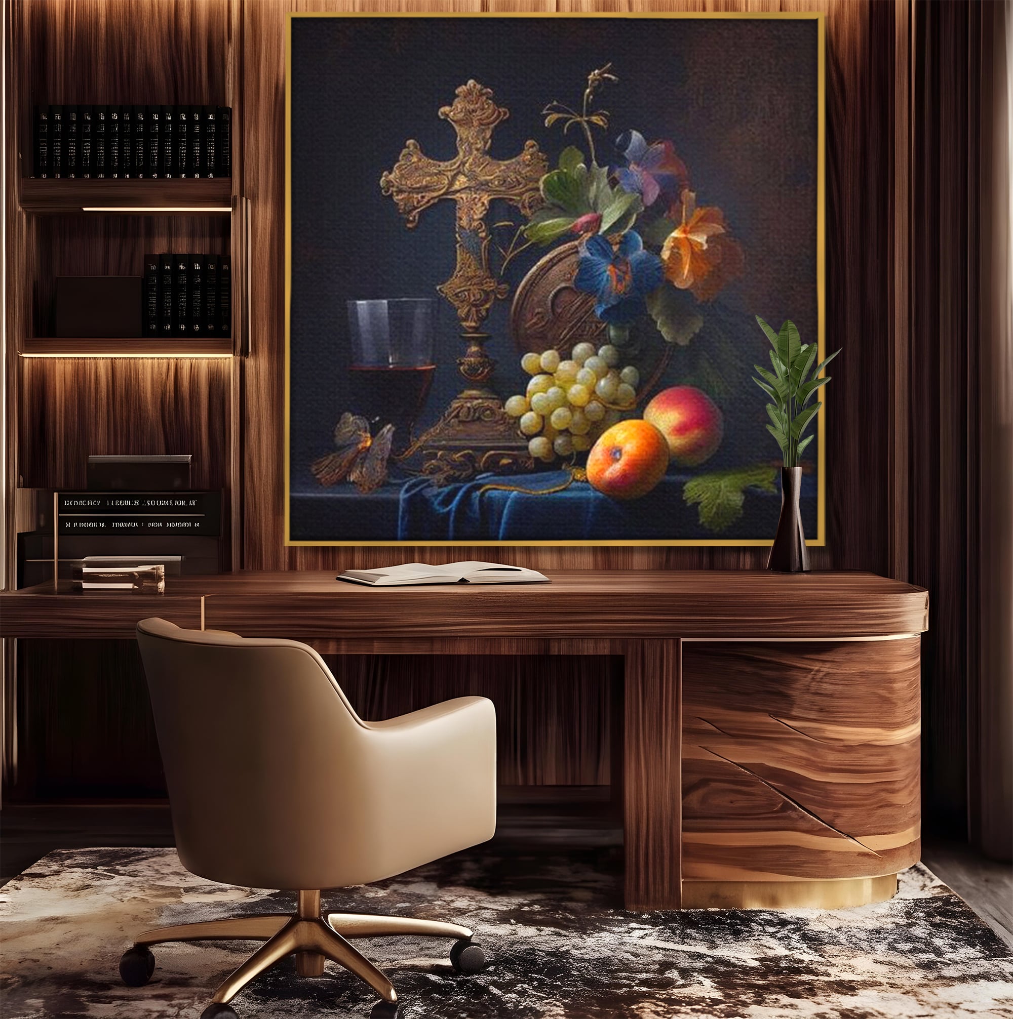Tablou Canvas Premium LuxCanva® H1030 Natura Statica Sacra , Simboluri, Cruce, Rod, Pamant, Fructe, Vin, Sacru, Lumina, Umbra, Living, Dormitor