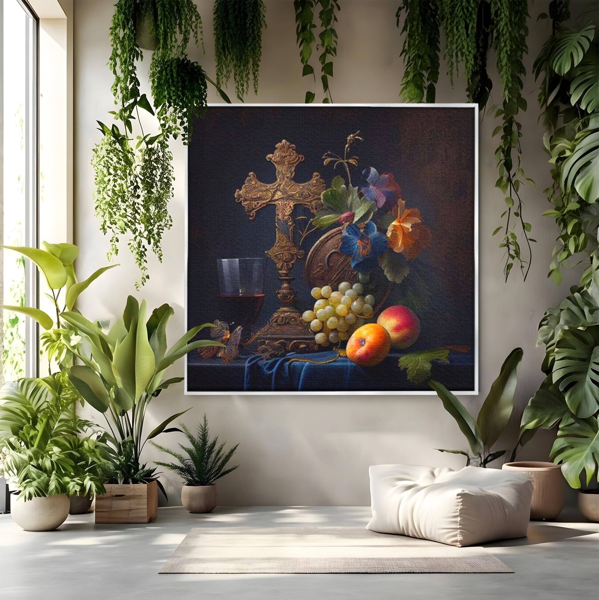 Tablou Canvas Premium LuxCanva® H1030 Natura Statica Sacra , Simboluri, Cruce, Rod, Pamant, Fructe, Vin, Sacru, Lumina, Umbra, Living, Dormitor