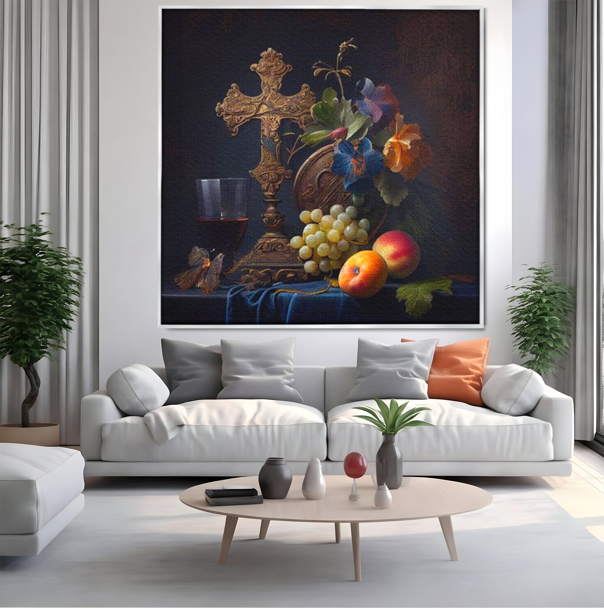 Tablou Canvas Premium LuxCanva® H1030 Natura Statica Sacra , Simboluri, Cruce, Rod, Pamant, Fructe, Vin, Sacru, Lumina, Umbra, Living, Dormitor