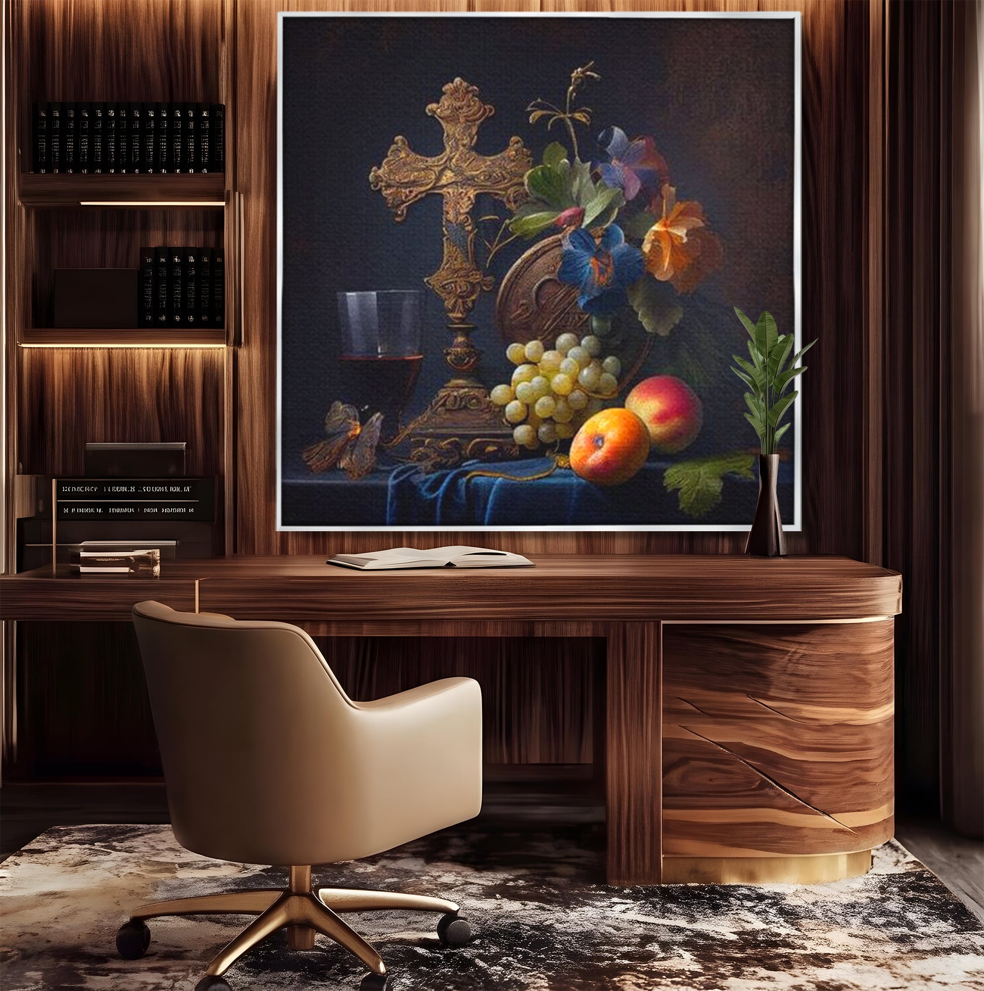 Tablou Canvas Premium LuxCanva® H1030 Natura Statica Sacra , Simboluri, Cruce, Rod, Pamant, Fructe, Vin, Sacru, Lumina, Umbra, Living, Dormitor