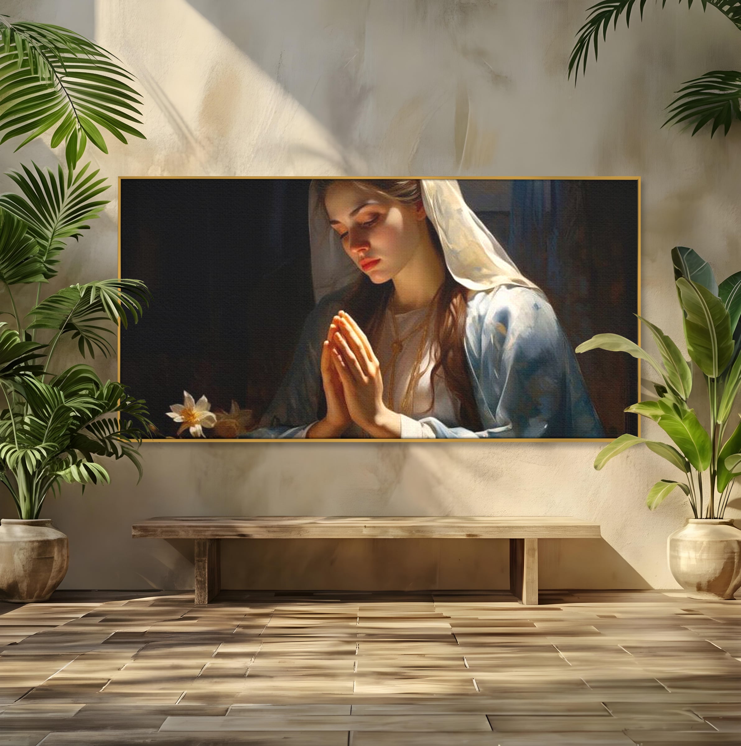 Tablou Canvas Premium LuxCanva® H1037, Mama Luminii, Fecioara Maria, Rugaciune, Lumina, Credinta, Pace, Har, Blandete, Divin, Arta Religioasa, Living, Dormitor
