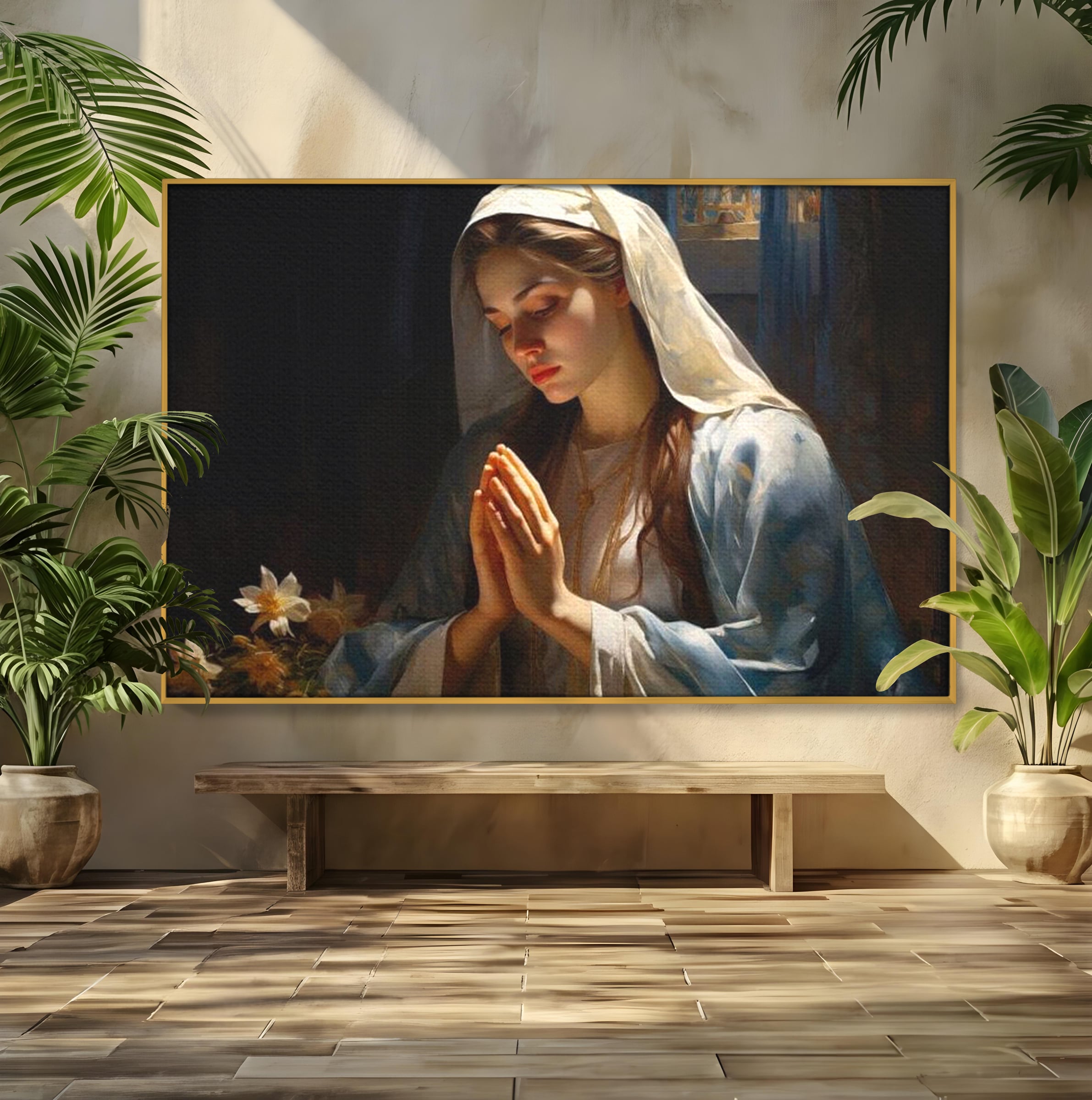 Tablou Canvas Premium LuxCanva® H1037, Mama Luminii, Fecioara Maria, Rugaciune, Lumina, Credinta, Pace, Har, Blandete, Divin, Arta Religioasa, Living, Dormitor