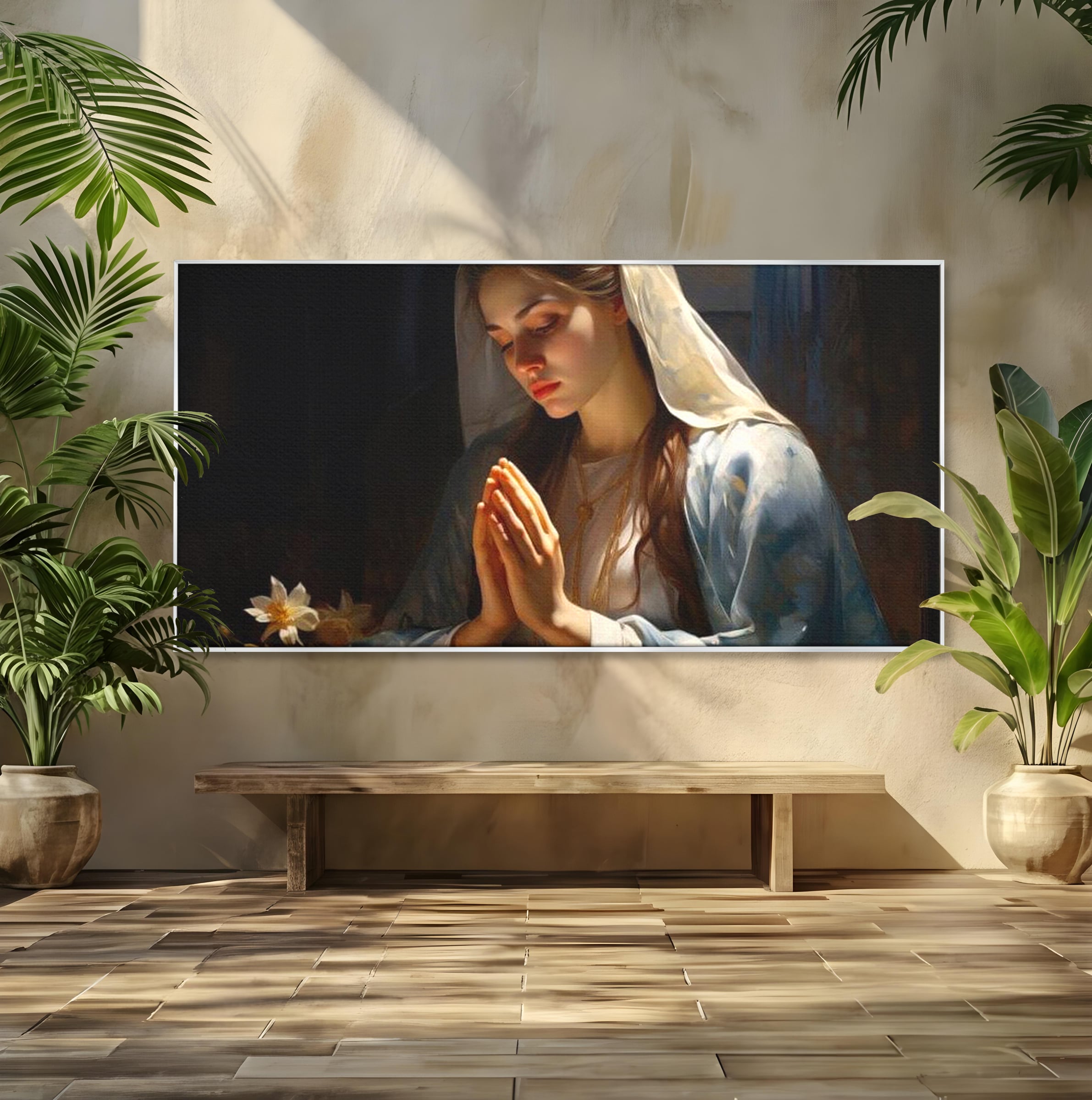 Tablou Canvas Premium LuxCanva® H1037, Mama Luminii, Fecioara Maria, Rugaciune, Lumina, Credinta, Pace, Har, Blandete, Divin, Arta Religioasa, Living, Dormitor