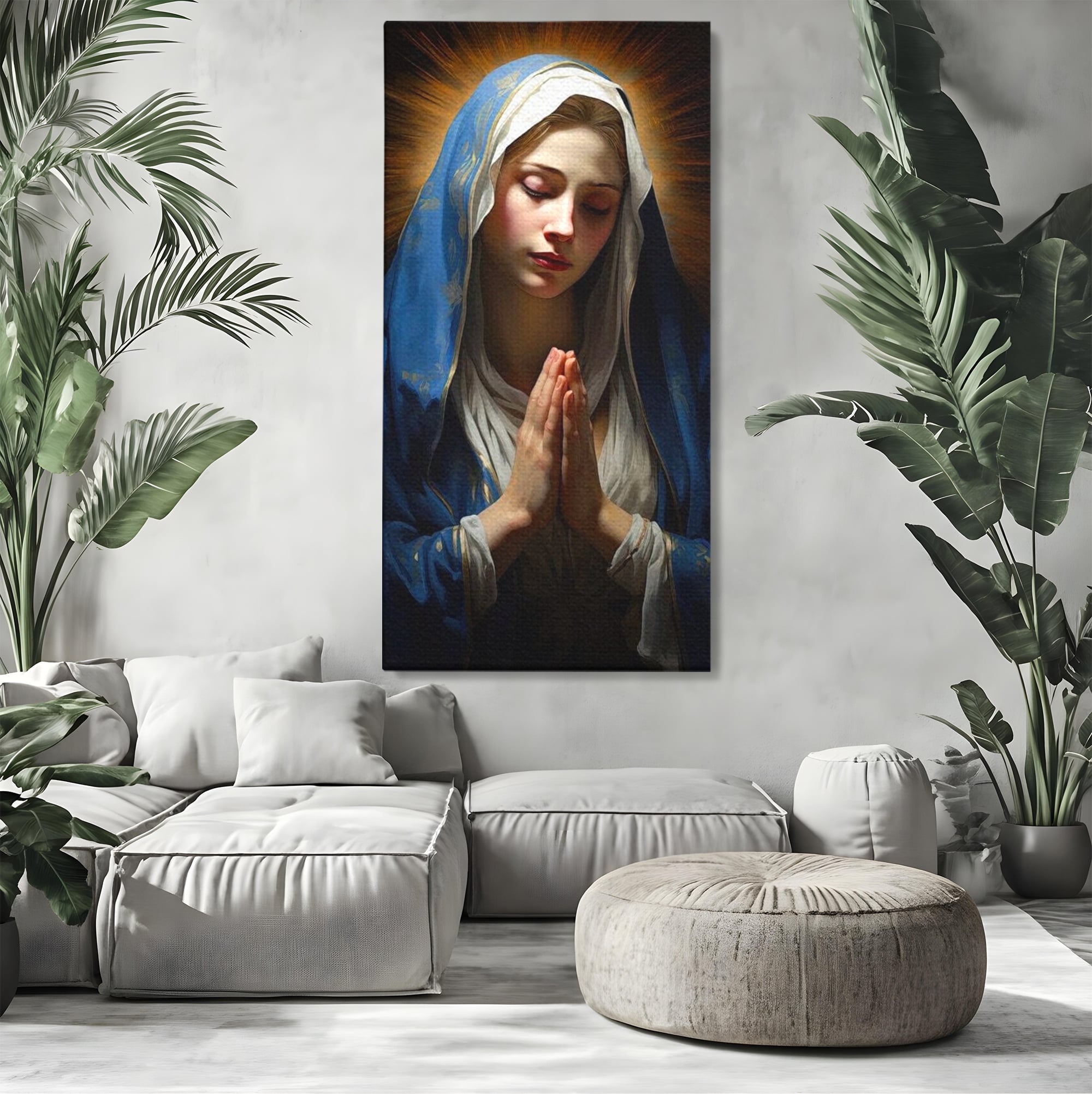 Tablou Canvas Premium LuxCanva® H1038, Blandetea Divina, Fecioara Maria, Rugaciune, Lumina, Credinta, Pace, Har, Blandete, Divin, Arta Religioasa, Living, Dormitor