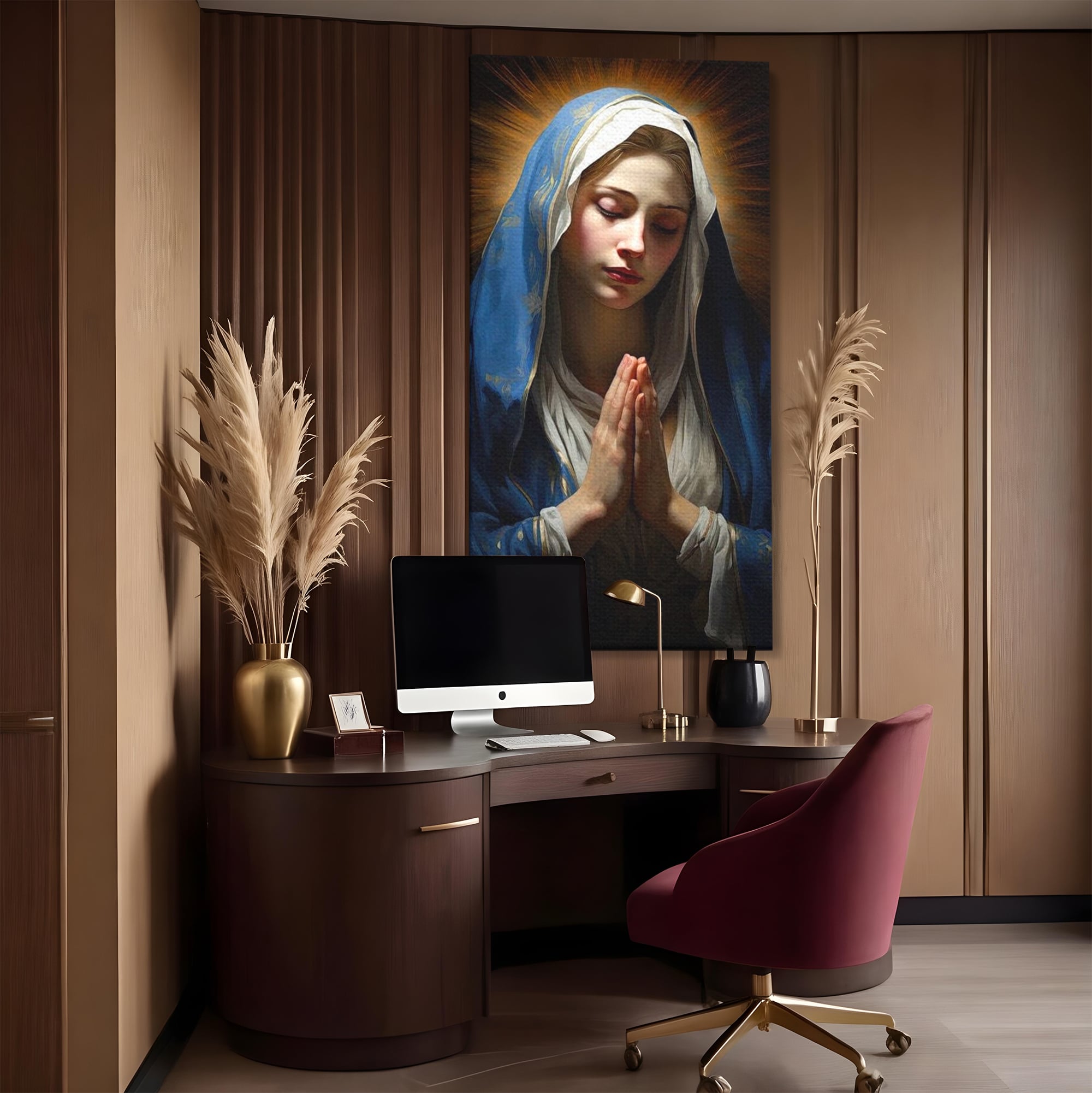 Tablou Canvas Premium LuxCanva® H1038, Blandetea Divina, Fecioara Maria, Rugaciune, Lumina, Credinta, Pace, Har, Blandete, Divin, Arta Religioasa, Living, Dormitor