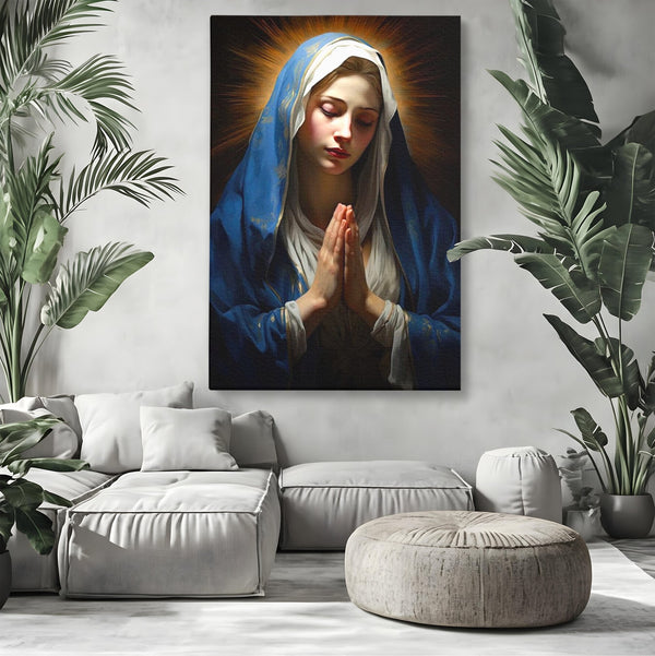 Tablou Canvas Premium LuxCanva® H1038, Blandetea Divina, Fecioara Maria, Rugaciune, Lumina, Credinta, Pace, Har, Blandete, Divin, Arta Religioasa, Living, Dormitor