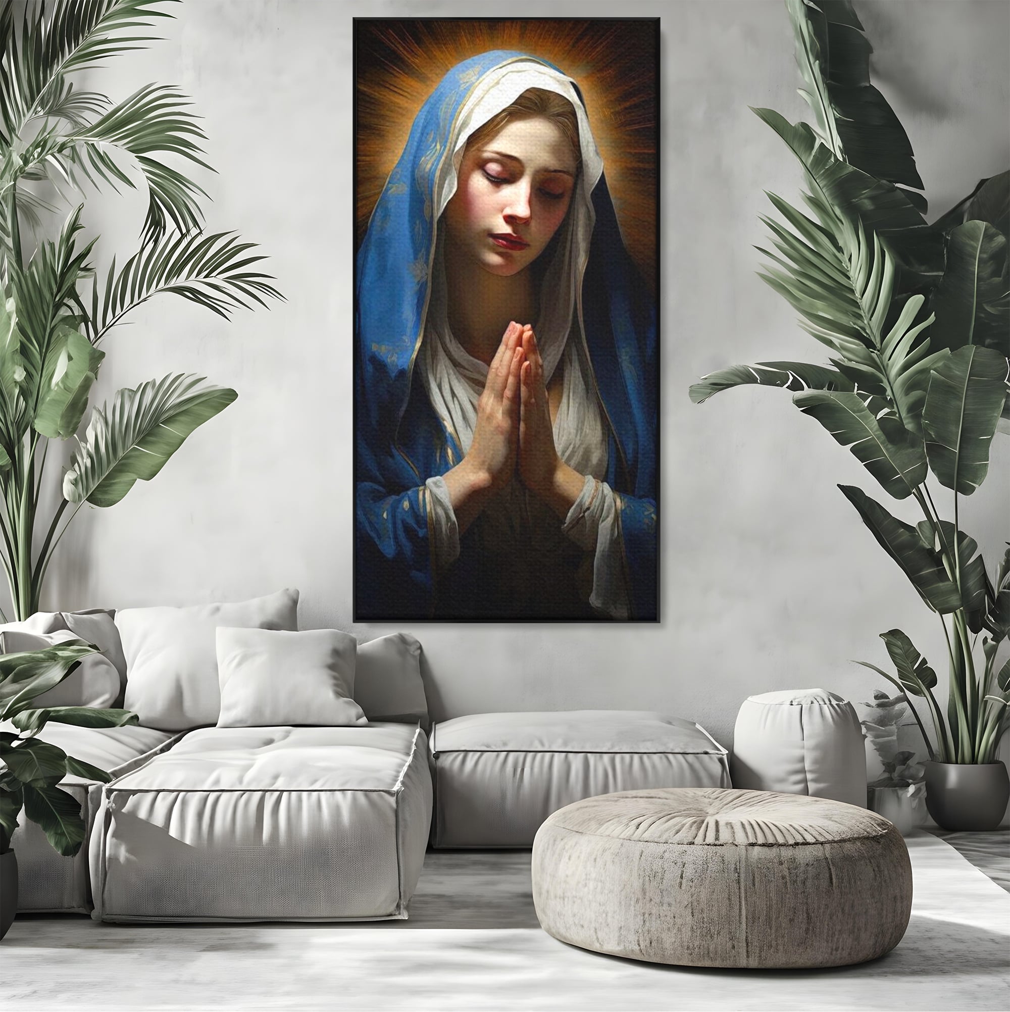 Tablou Canvas Premium LuxCanva® H1038, Blandetea Divina, Fecioara Maria, Rugaciune, Lumina, Credinta, Pace, Har, Blandete, Divin, Arta Religioasa, Living, Dormitor