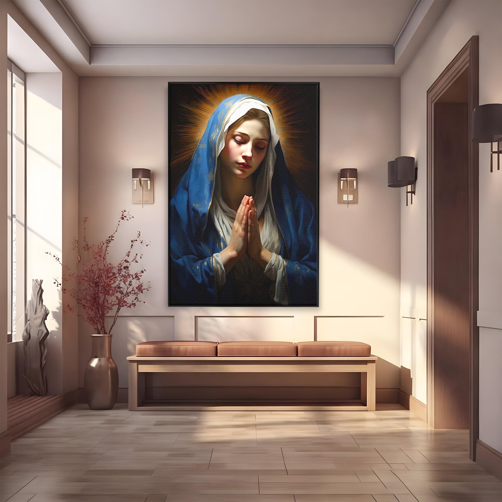 Tablou Canvas Premium LuxCanva® H1038, Blandetea Divina, Fecioara Maria, Rugaciune, Lumina, Credinta, Pace, Har, Blandete, Divin, Arta Religioasa, Living, Dormitor