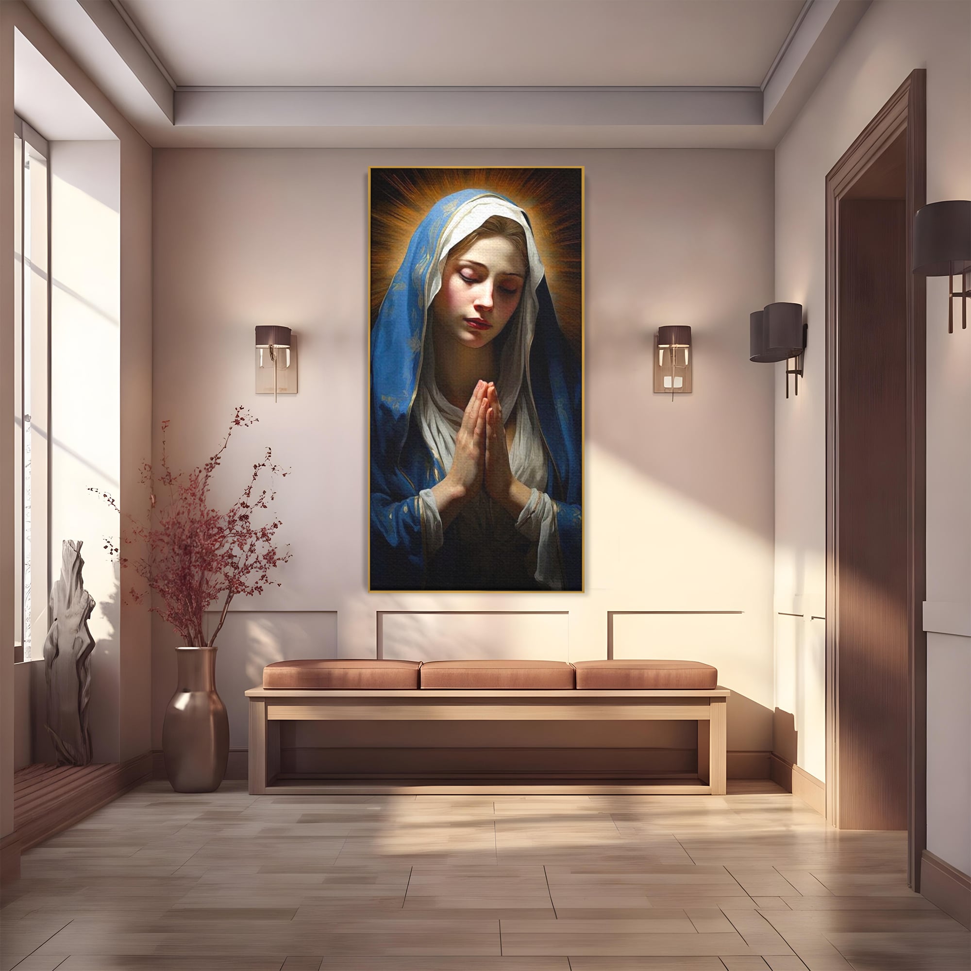 Tablou Canvas Premium LuxCanva® H1038, Blandetea Divina, Fecioara Maria, Rugaciune, Lumina, Credinta, Pace, Har, Blandete, Divin, Arta Religioasa, Living, Dormitor