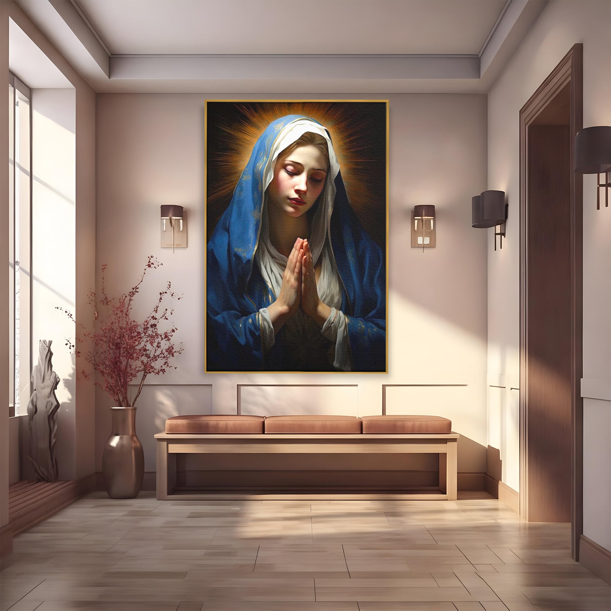 Tablou Canvas Premium LuxCanva® H1038, Blandetea Divina, Fecioara Maria, Rugaciune, Lumina, Credinta, Pace, Har, Blandete, Divin, Arta Religioasa, Living, Dormitor