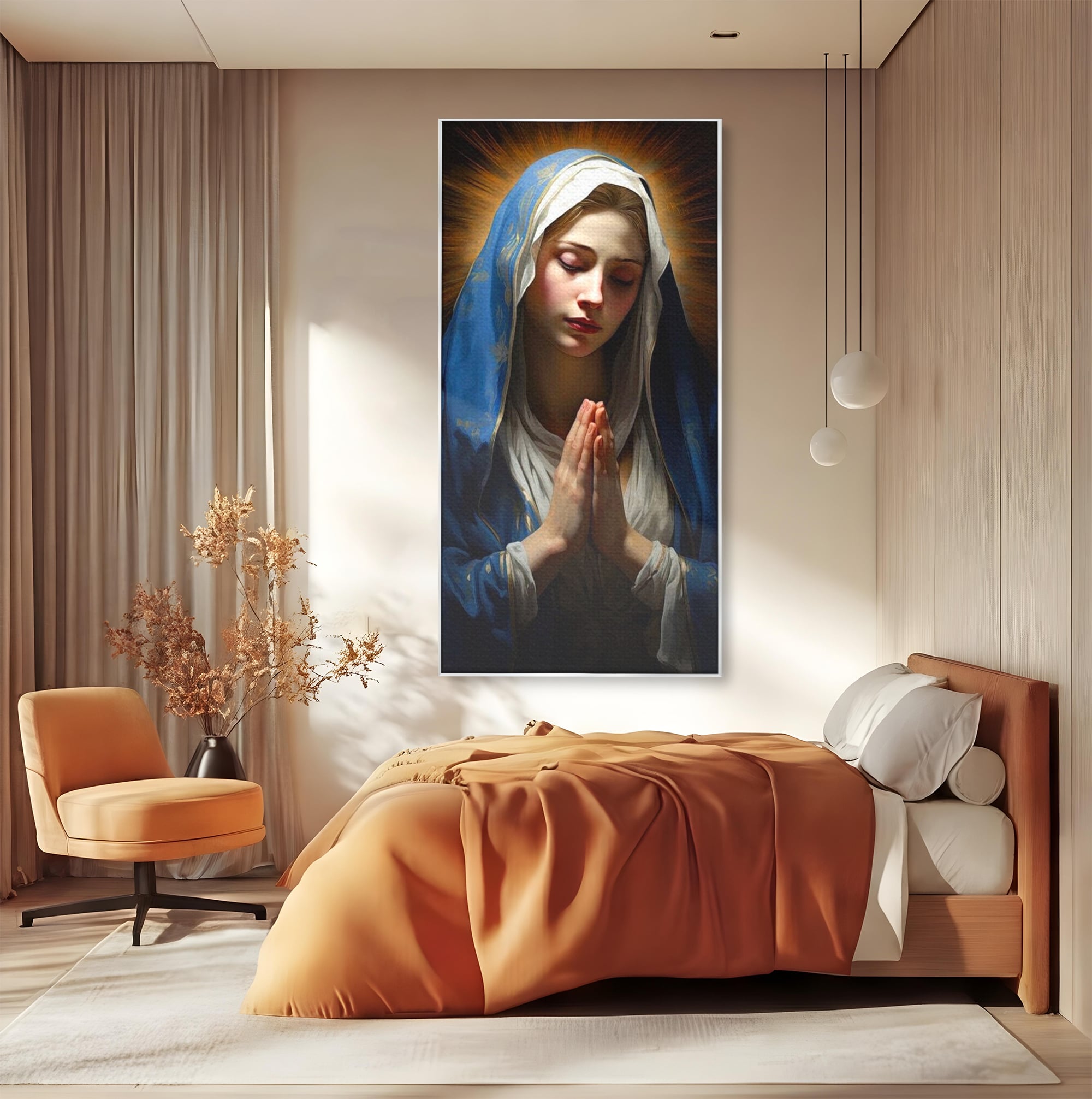 Tablou Canvas Premium LuxCanva® H1038, Blandetea Divina, Fecioara Maria, Rugaciune, Lumina, Credinta, Pace, Har, Blandete, Divin, Arta Religioasa, Living, Dormitor