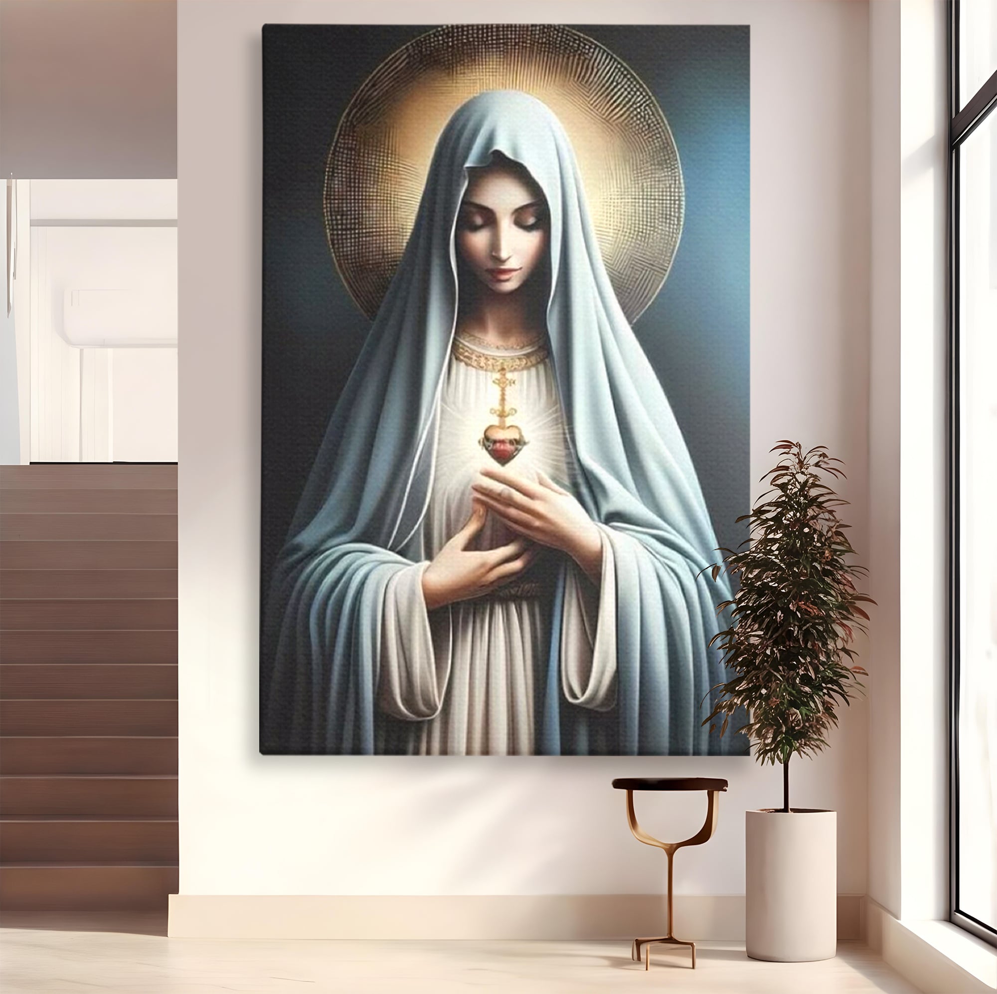Tablou Canvas Premium LuxCanva® H1039, In Bratele Credintei, Fecioara Maria, Rugaciune, Lumina, Credinta, Pace, Har, Blandete, Divin, Arta Religioasa, Living, Dormitor