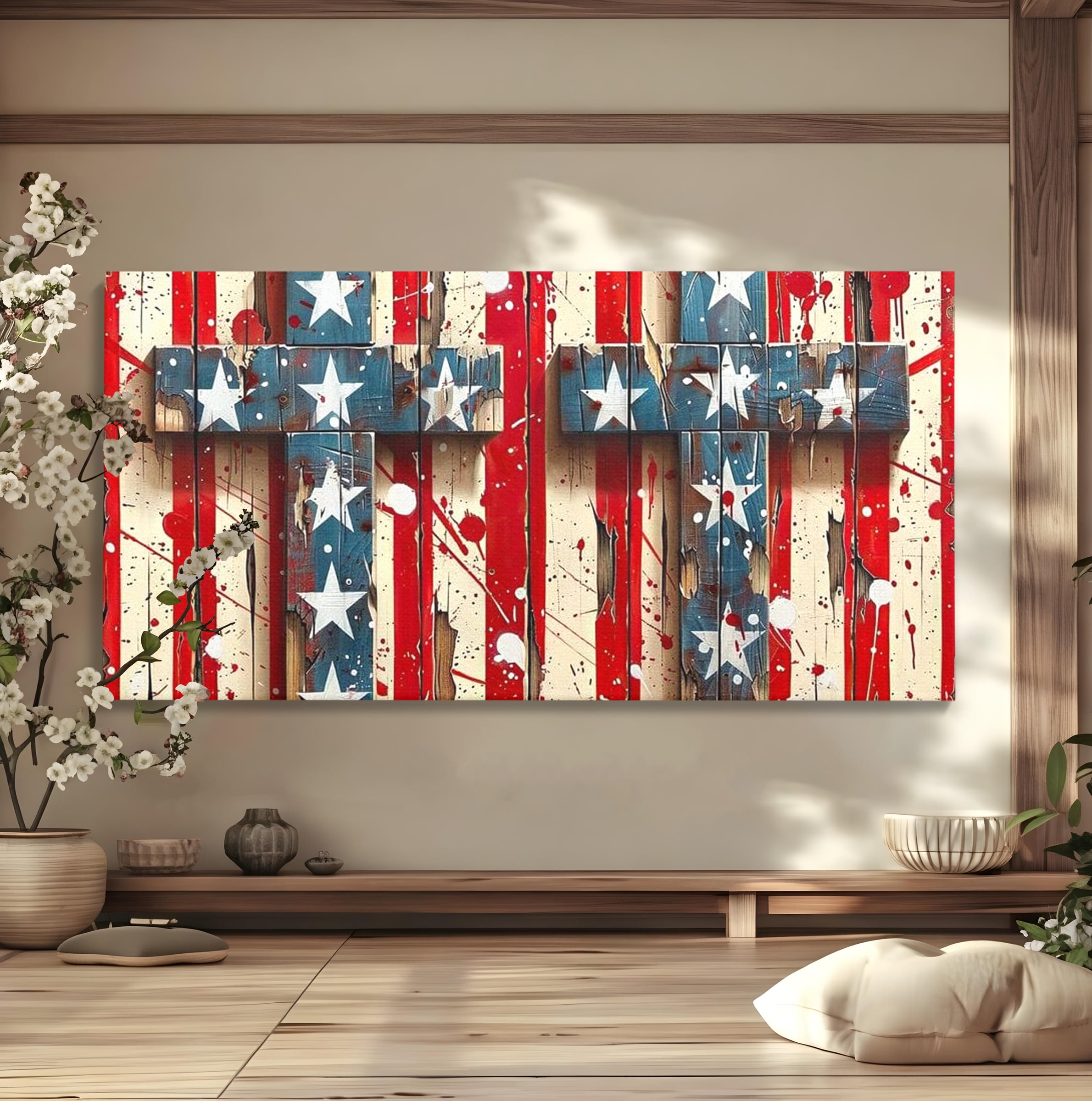 Tablou Canvas Premium LuxCanva® H1041, Crucea Libertatii, Credinta, Cruce, Libertate, Patriotism, Drapel, Stele, Simbol Crestin, Arta Patriotica, Living, Dormitor