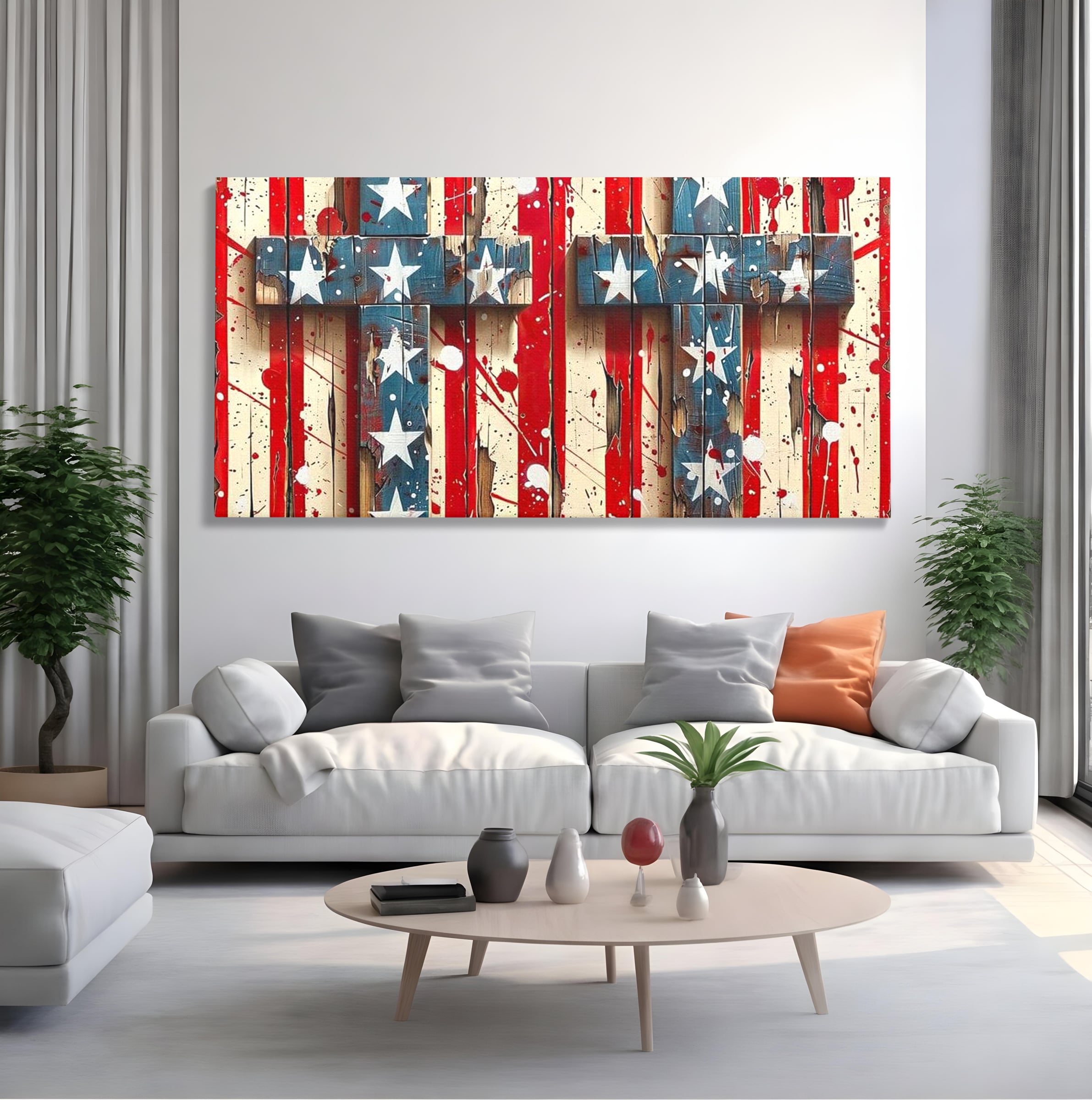Tablou Canvas Premium LuxCanva® H1041, Crucea Libertatii, Credinta, Cruce, Libertate, Patriotism, Drapel, Stele, Simbol Crestin, Arta Patriotica, Living, Dormitor