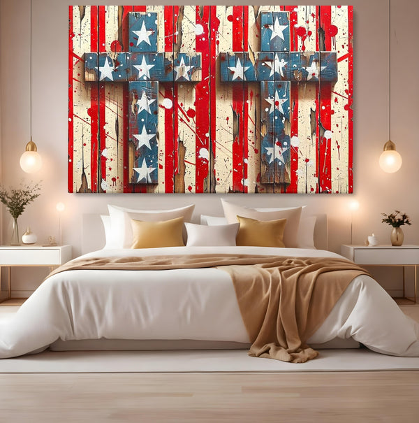 Tablou Canvas Premium LuxCanva® H1041, Crucea Libertatii, Credinta, Cruce, Libertate, Patriotism, Drapel, Stele, Simbol Crestin, Arta Patriotica, Living, Dormitor
