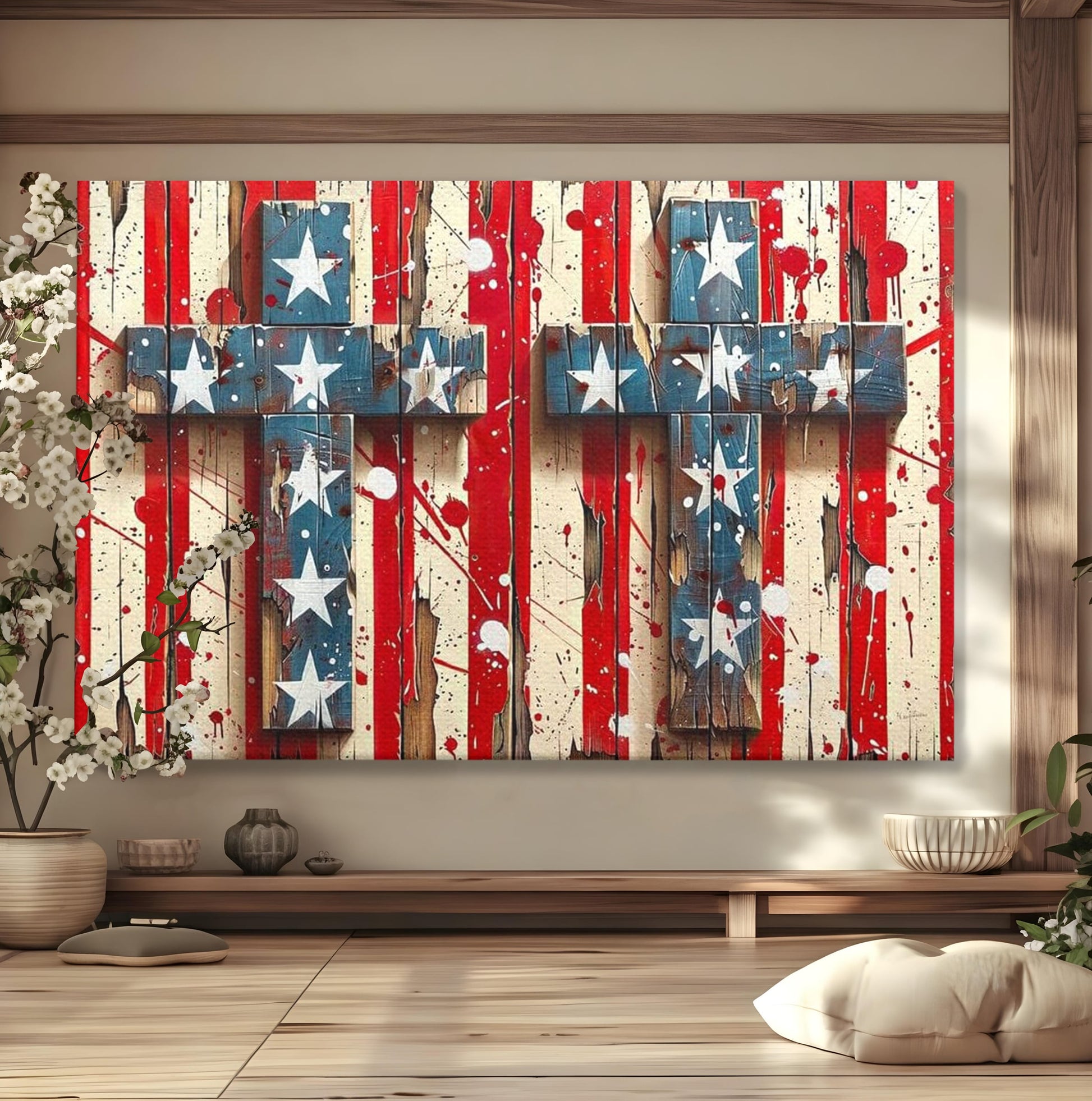 Tablou Canvas Premium LuxCanva® H1041, Crucea Libertatii, Credinta, Cruce, Libertate, Patriotism, Drapel, Stele, Simbol Crestin, Arta Patriotica, Living, Dormitor